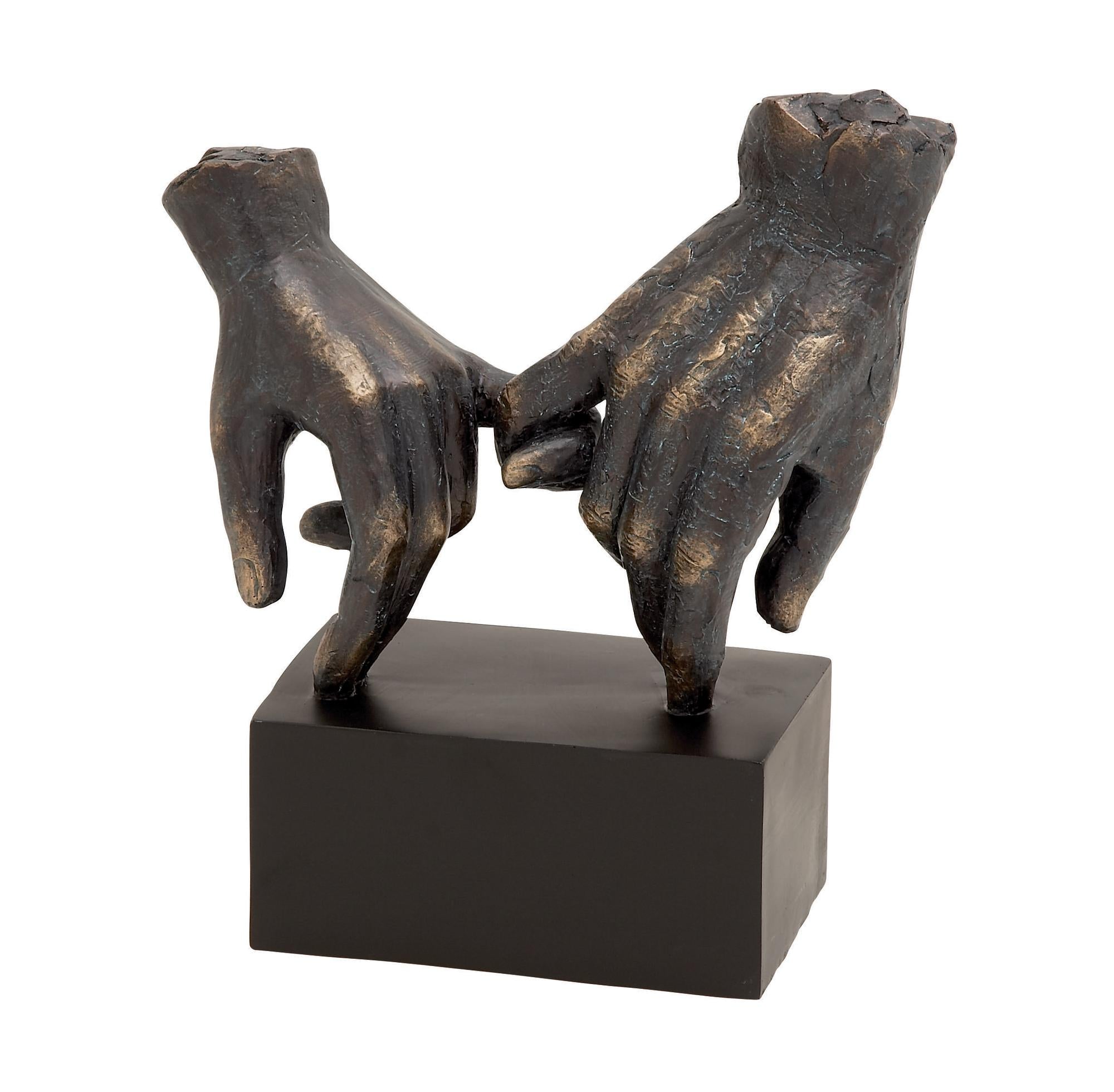 Hands Black Polystone Weathered Patina Linked Decorative Sculpture with Block Base and Gold Accents
