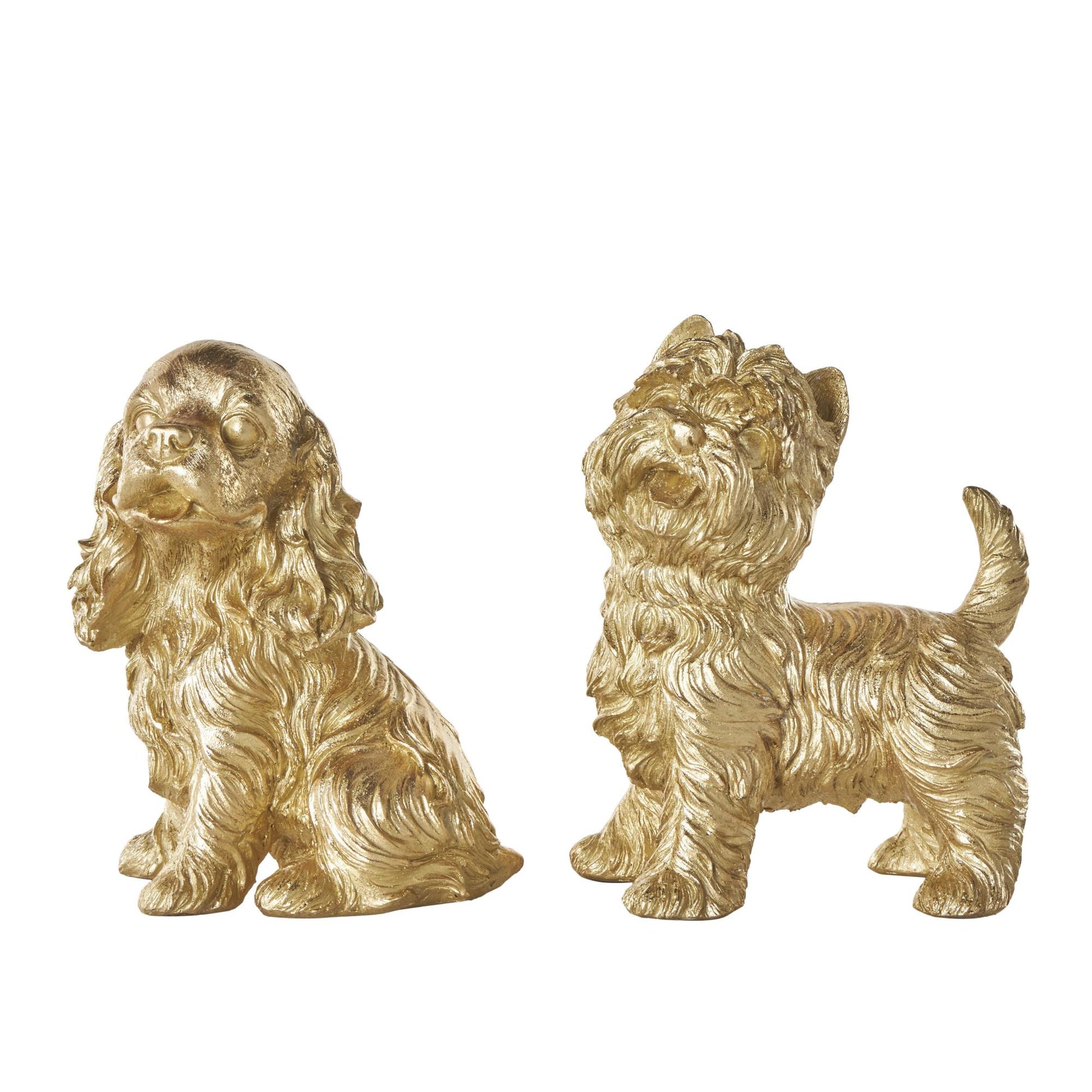 Set of 2 Dog Gold Polystone Sitting and Standing Decorative Sculpture