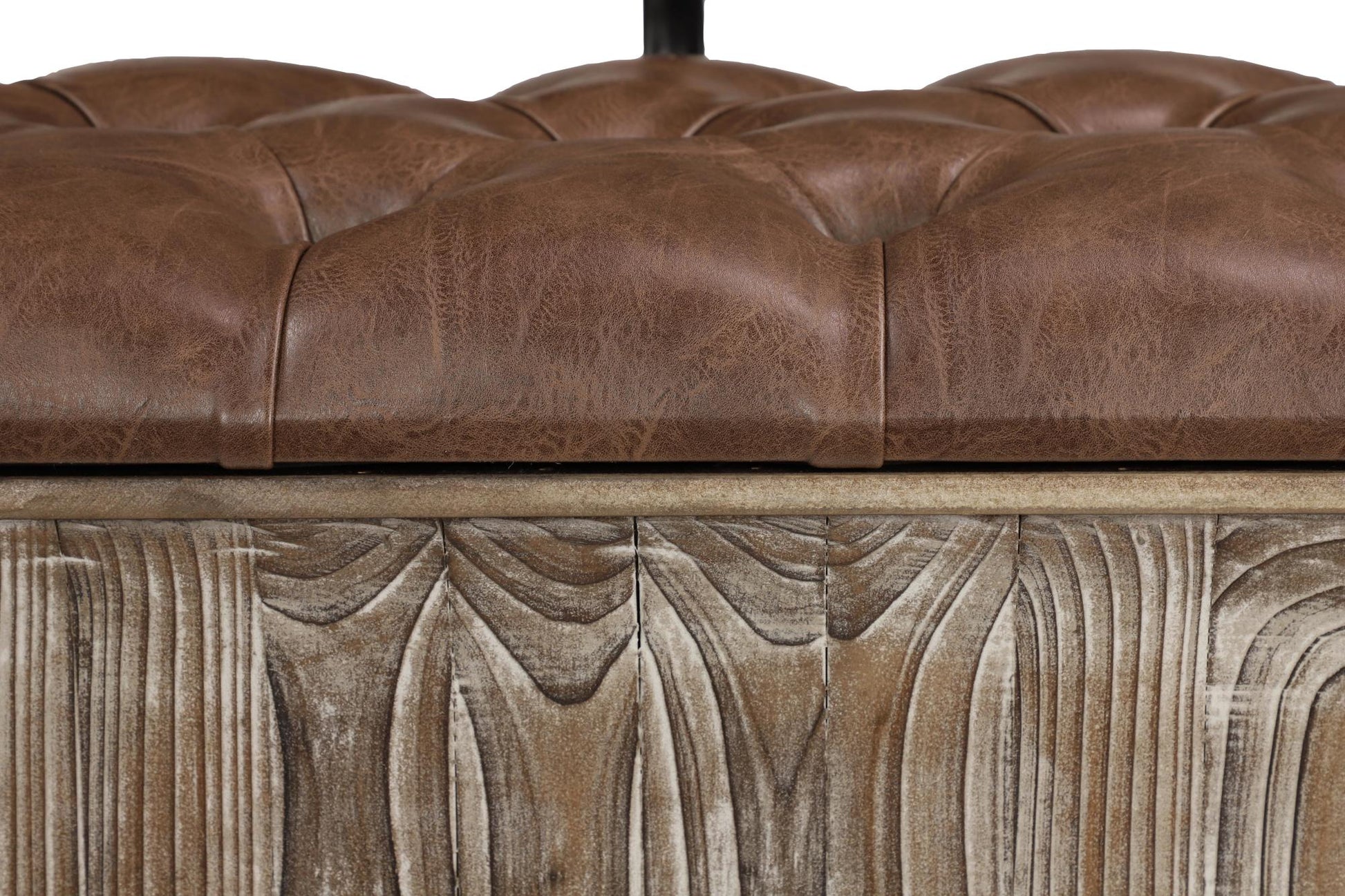 Brown Wood Room Storage Bench with Tufted Faux Leather Seat and Back