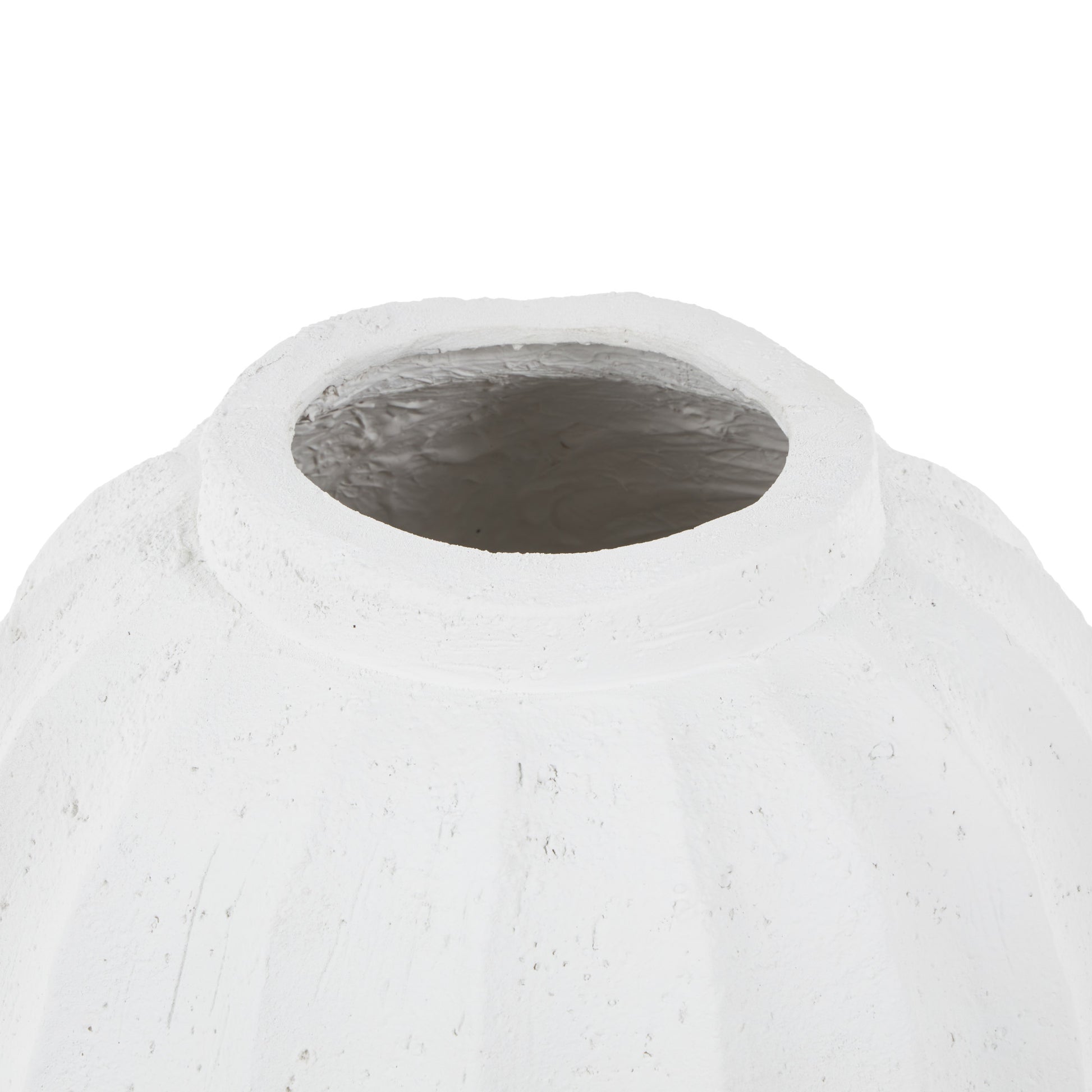 White Magnesium Oxide Wide Decorative Vase with Carved Grooves