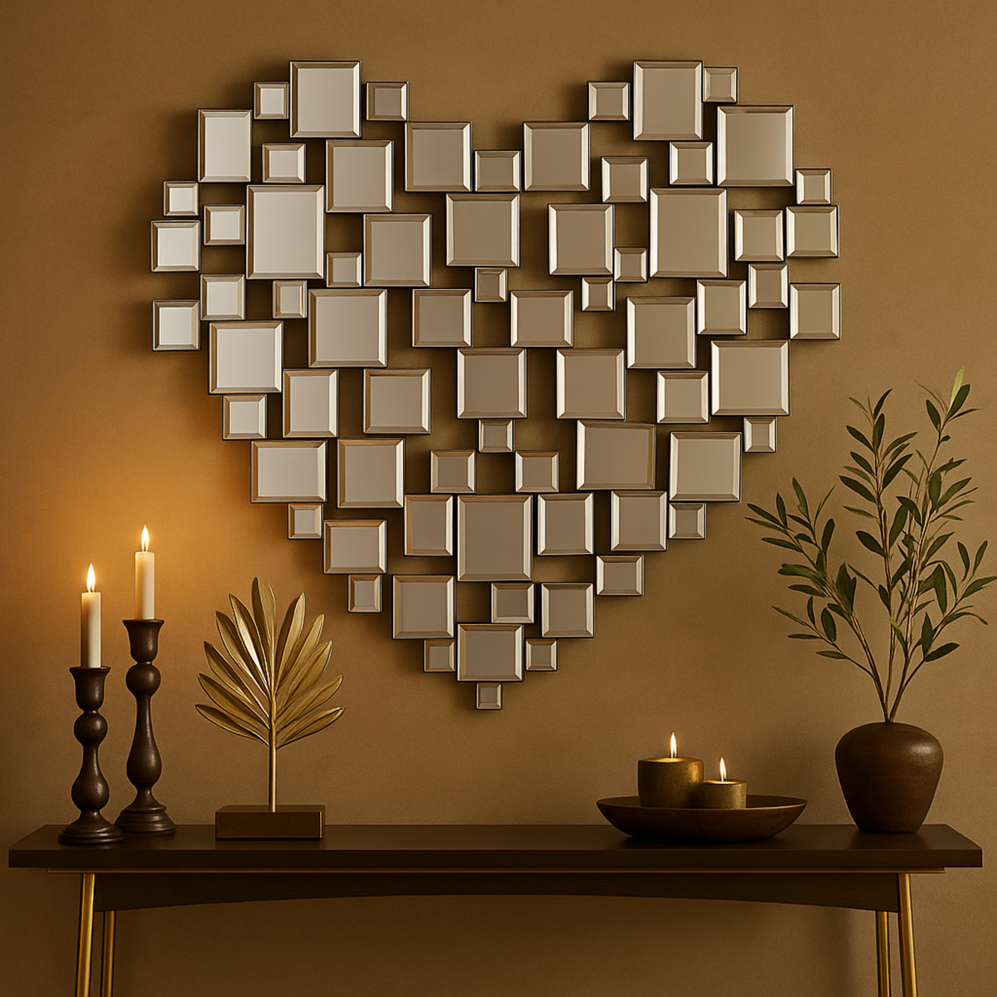 Heart Silver Glass Geometric Mosaic Room Wall Mirror