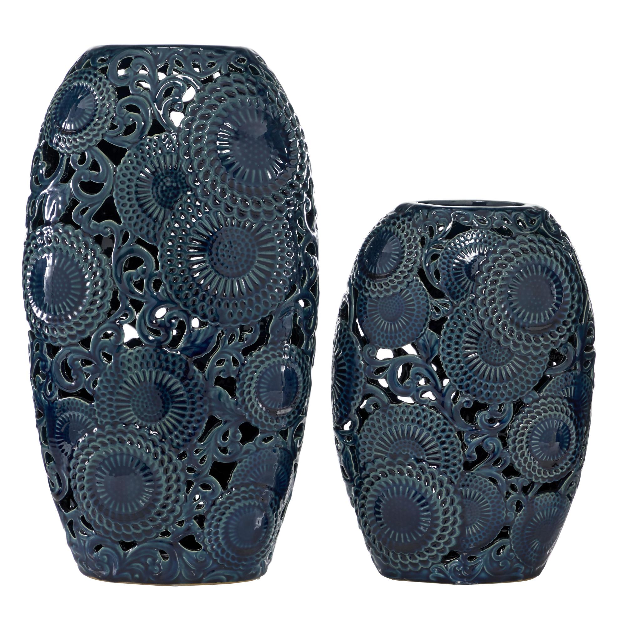 Set of 2 Floral Blue Ceramic Decorative Vase with Cut Out Patterns