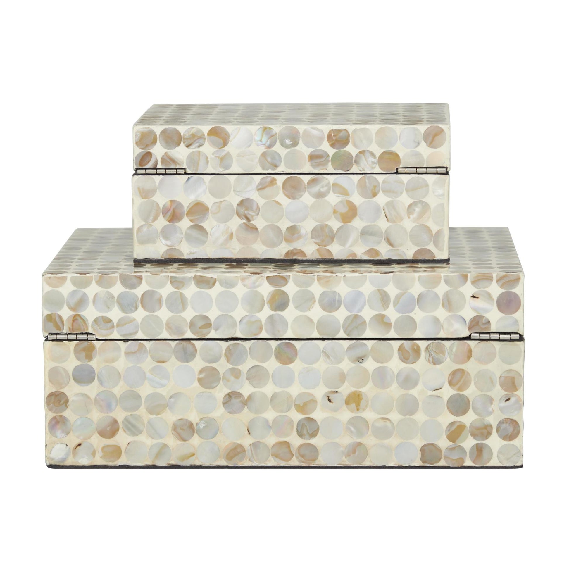 Set of 2 Geometric Beige Mother of Pearl Shell Handmade Decorative Box with Hinged Lid