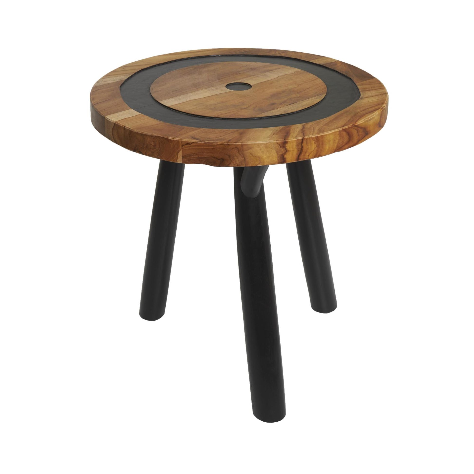 Geometric Brown Teak Wood Layered Circle Side End Accent Table with Black Legs