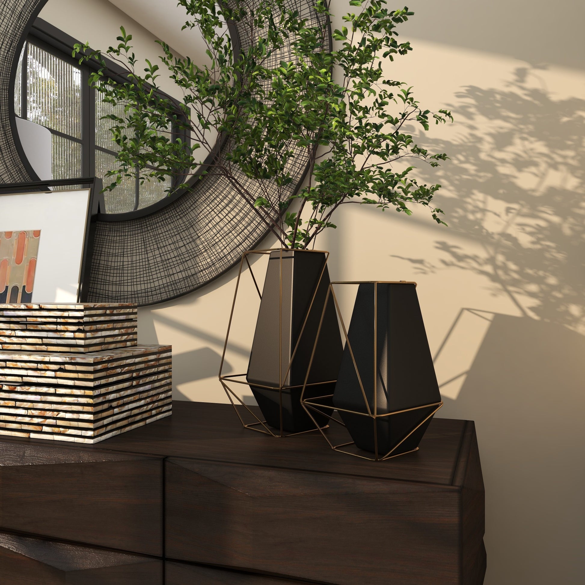 Set of 2 Geometric Black Metal Decorative Vase with Gold Wire Accents