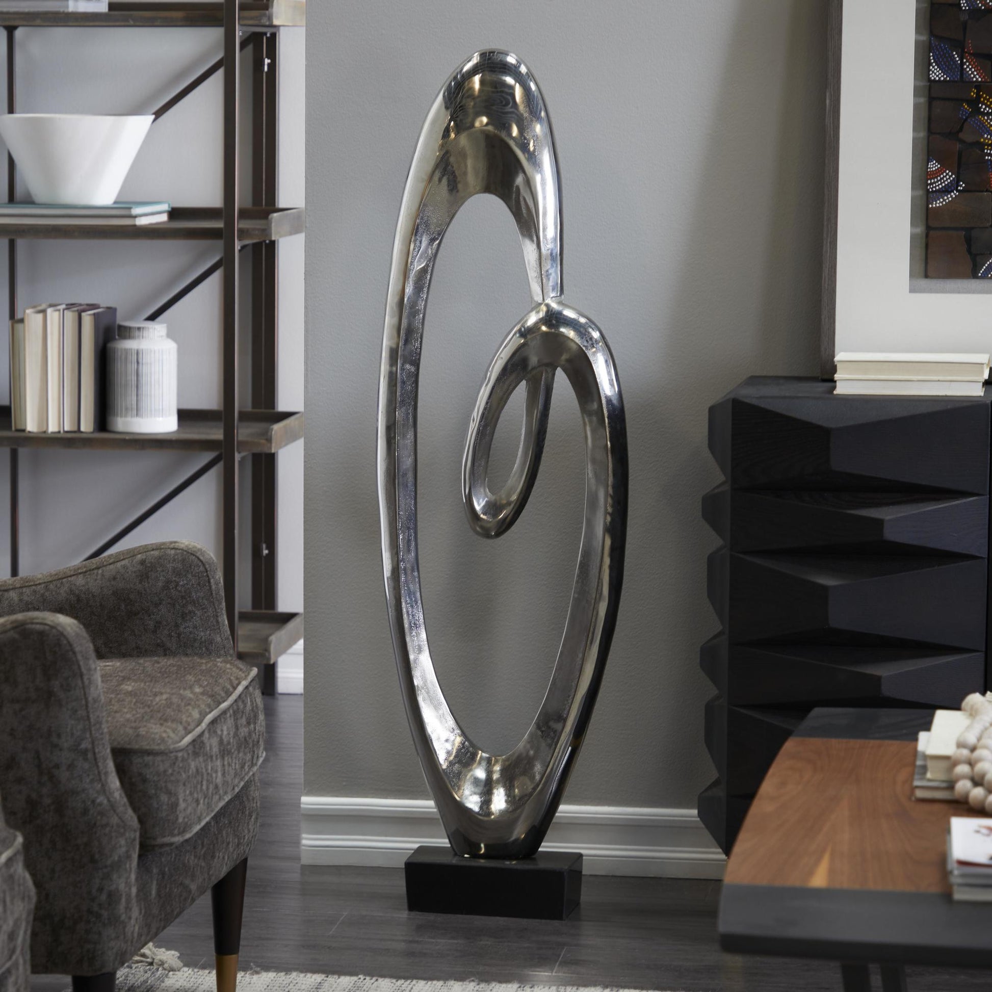 Abstract Aluminum Metal Tall Floor Loop Decorative Sculpture with Black Marble Base 16" x 5" x 52"