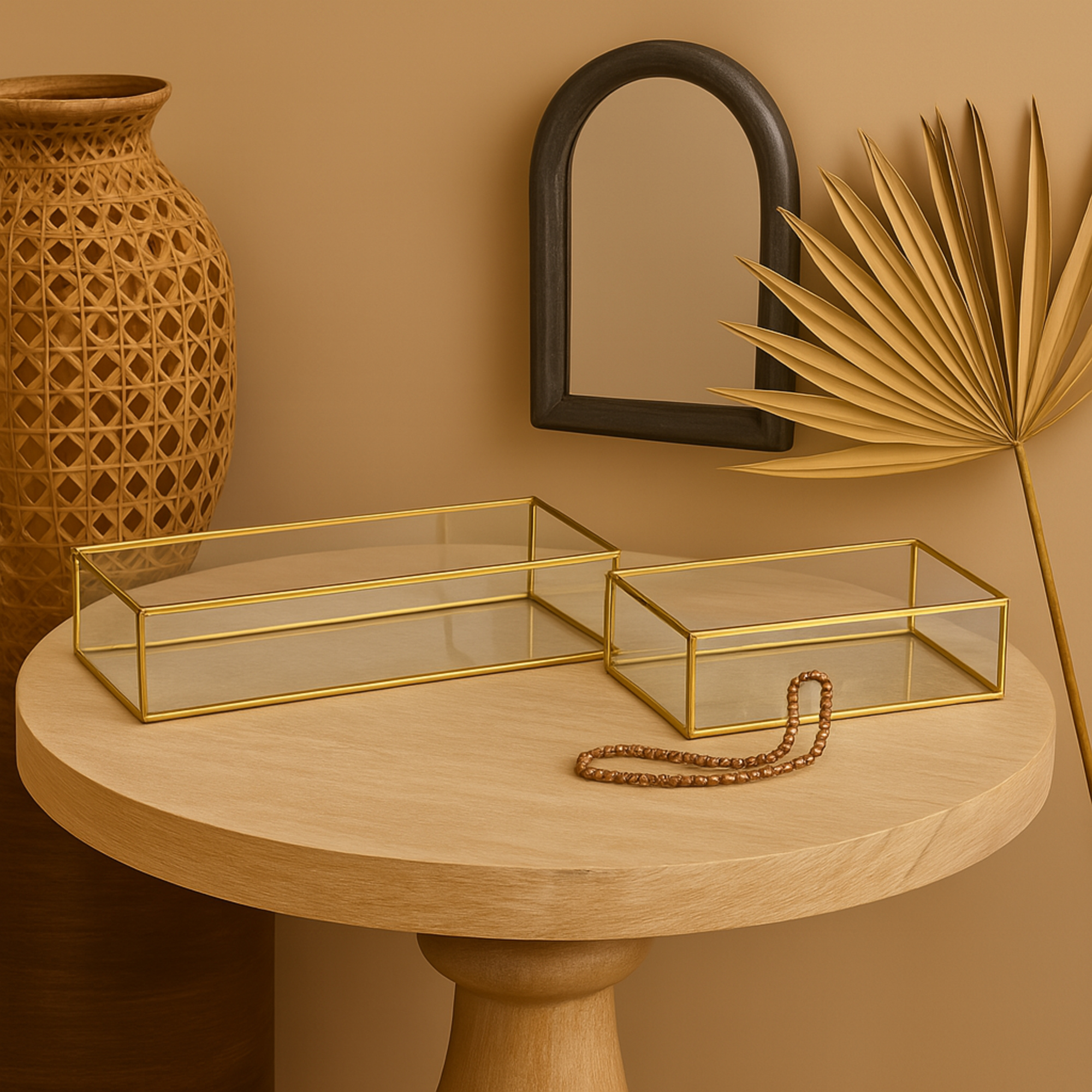 Set of 2 Clear Glass Beveled Decorative Jewelry Box with Gold Metal Frame