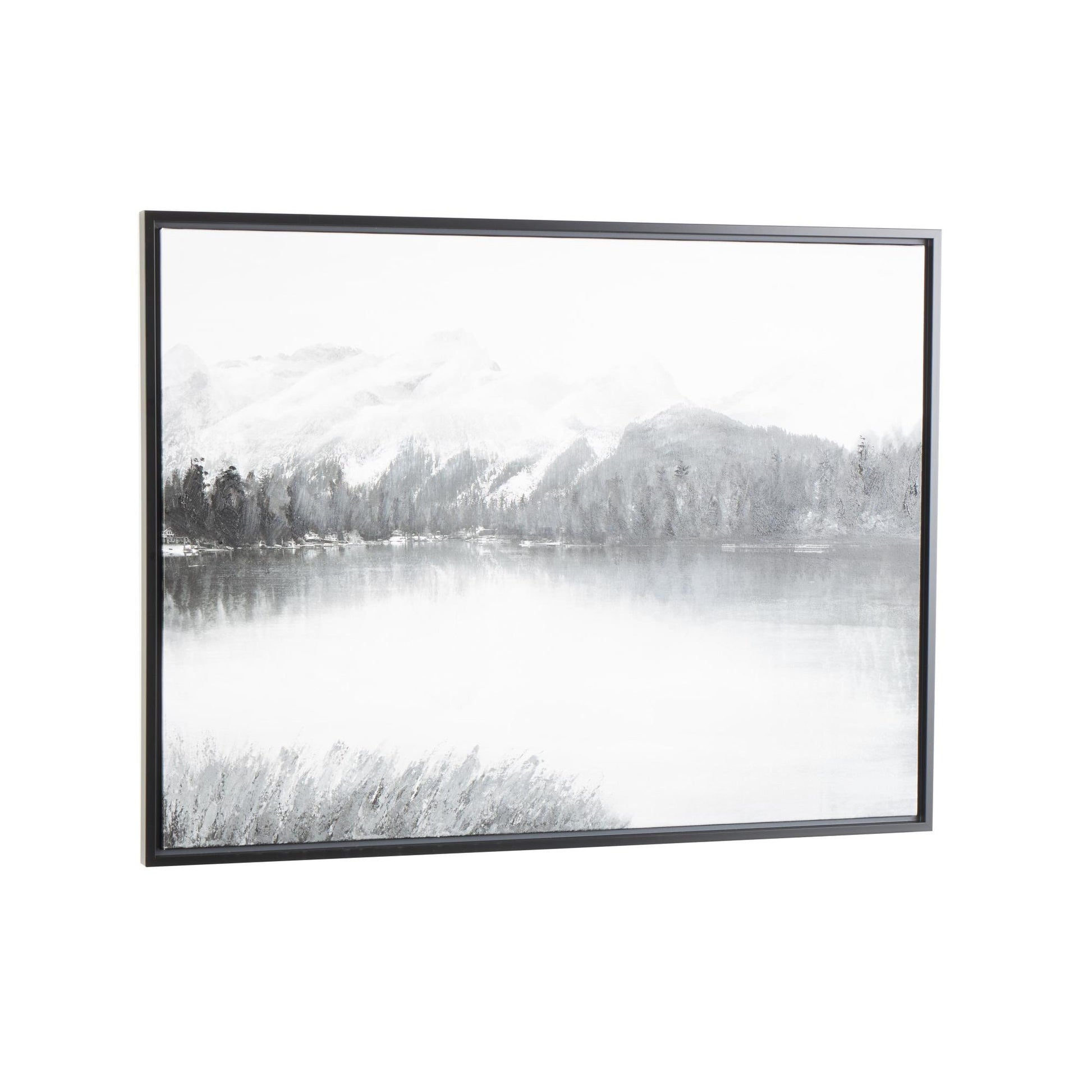 Landscape Gray Canvas Neutral Toned Lake and Mountain Living Room Framed Wall Art with Black Frame