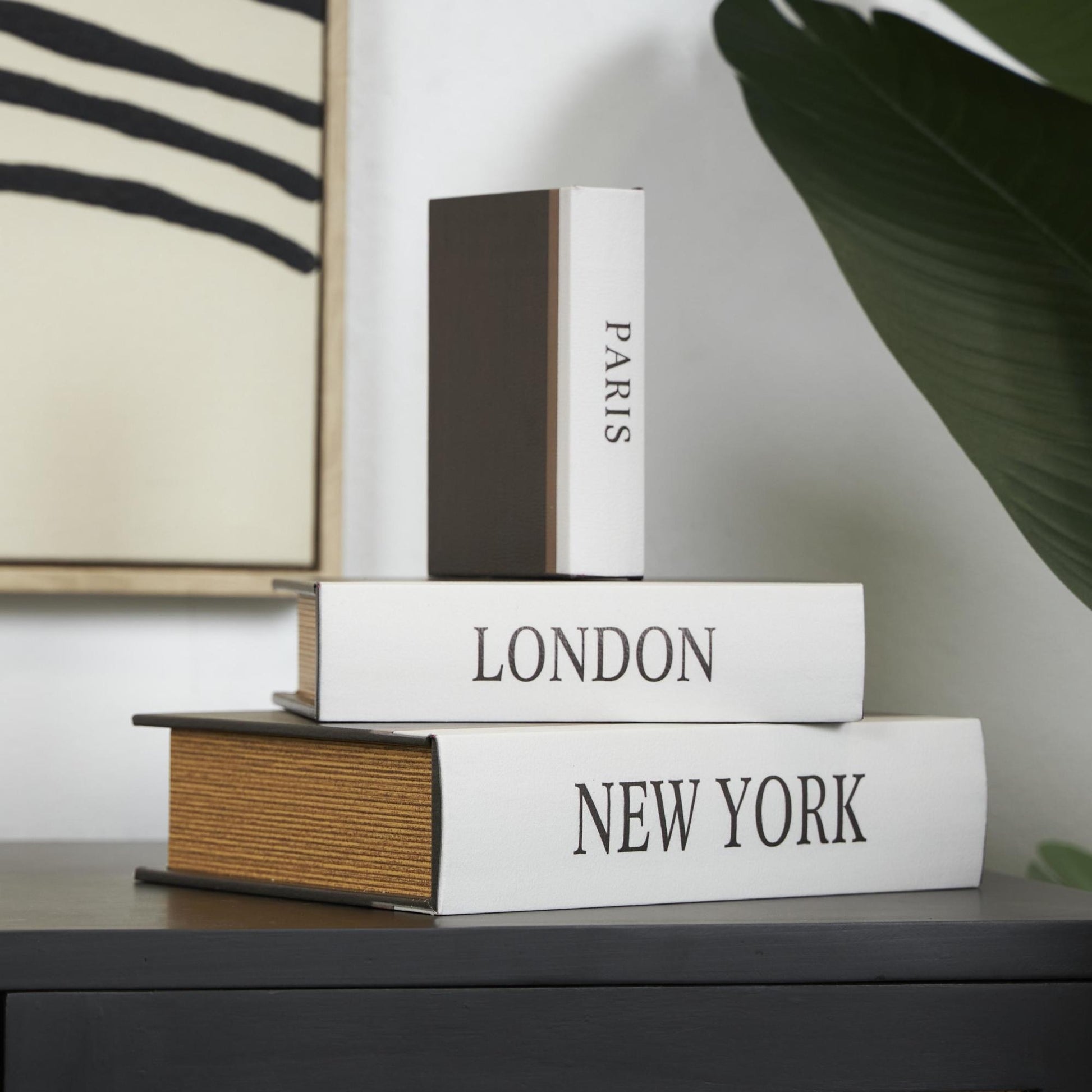 Set of 3 Black Faux Leather Paris, London, New York Faux Book Storage Decorative Box with White Spine