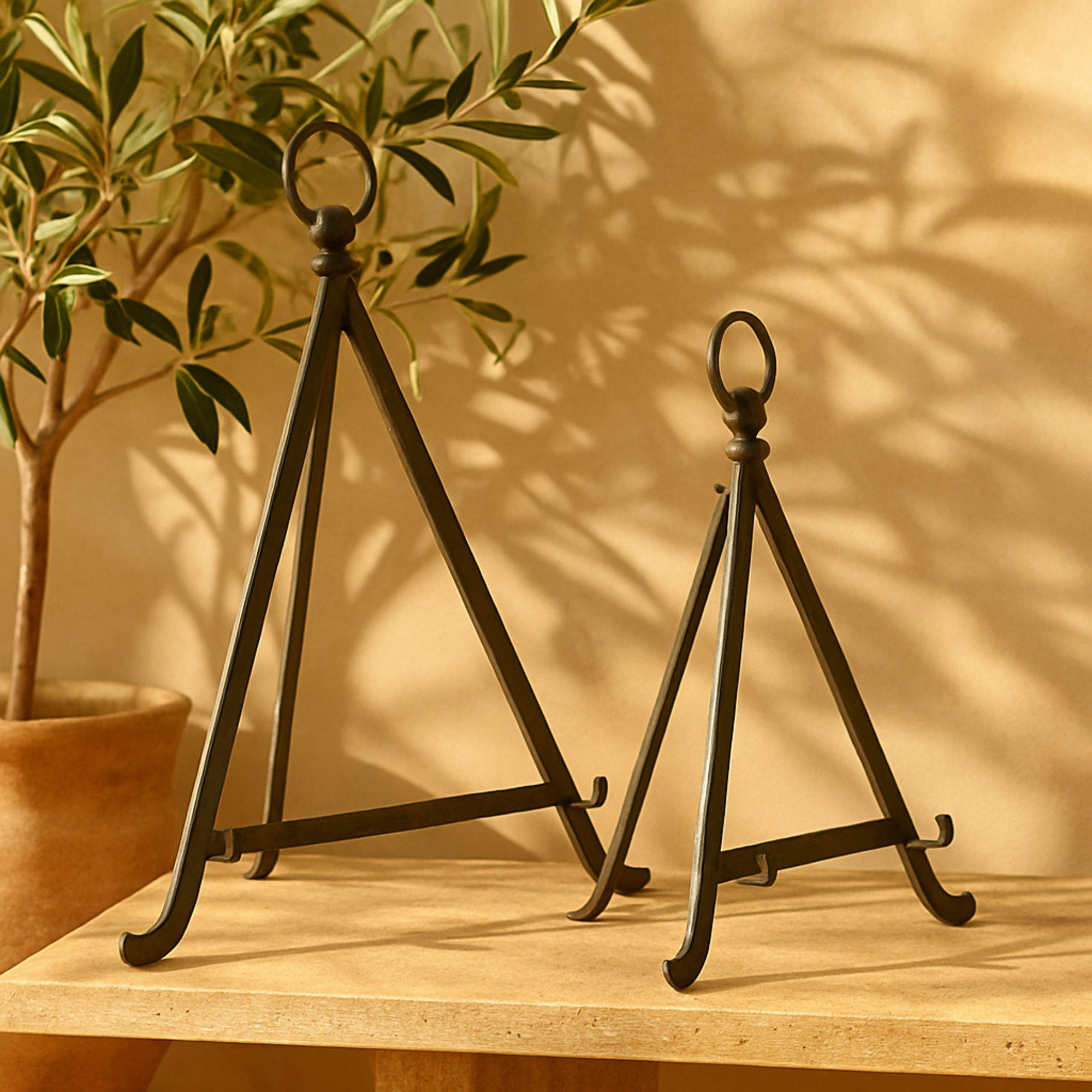 Set of 2 Bronze Metal Tabletop Triangle Display Easel with Foldable Stand