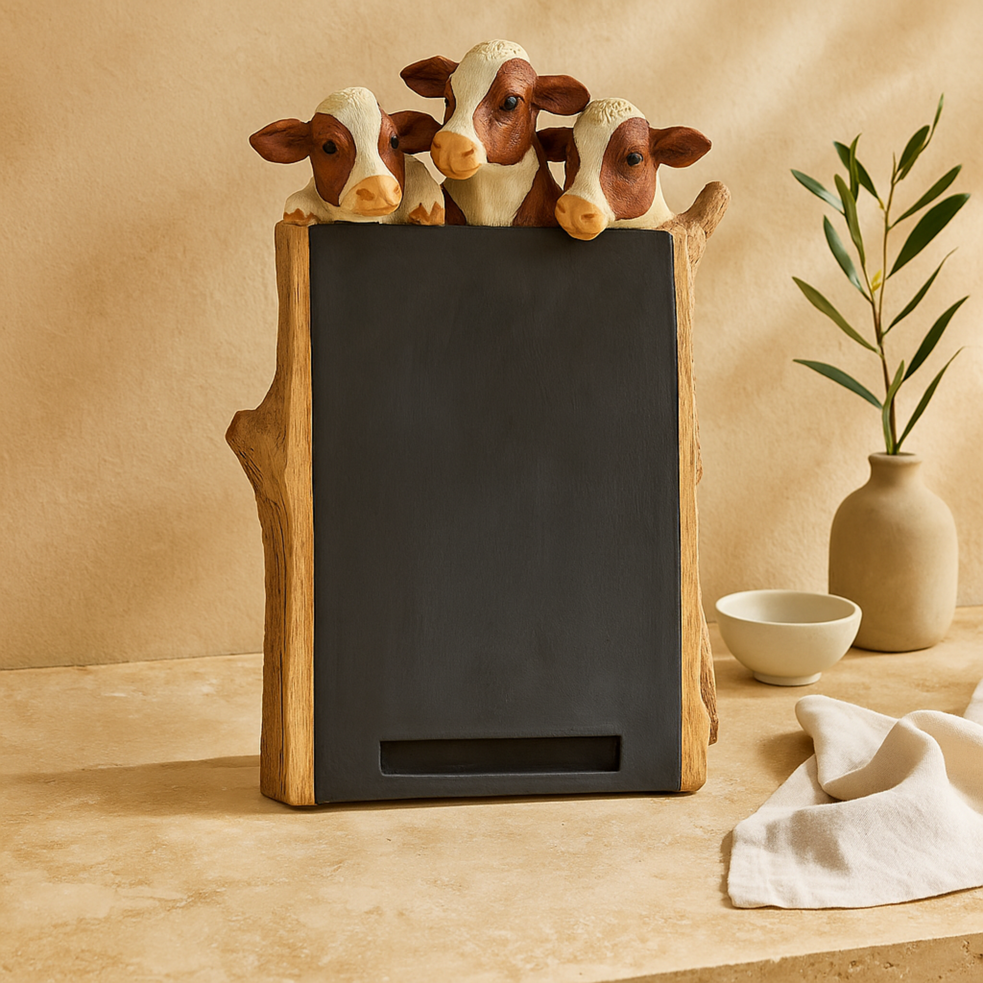 Cow Black Polystone Chalkboard Home Decorative Sign with Brown Tree Trunk Frame