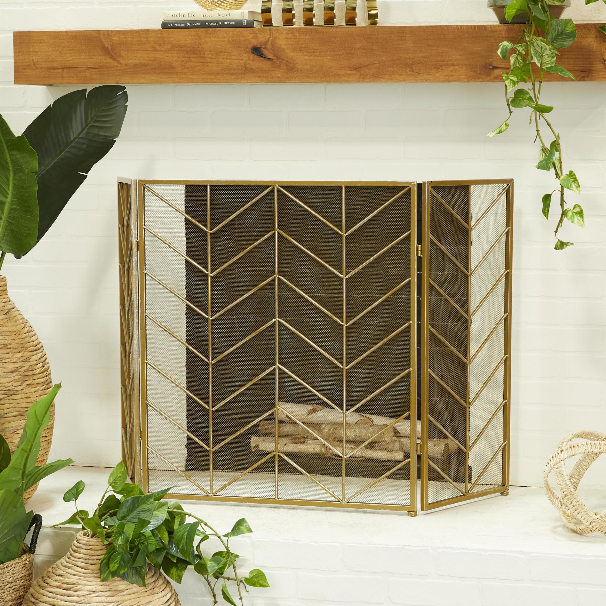Geometric Metal Zig Zag Foldable Chevron 3 Panel Living Room Fireplace Screen with Mesh Netting 52" x 1" x 31"