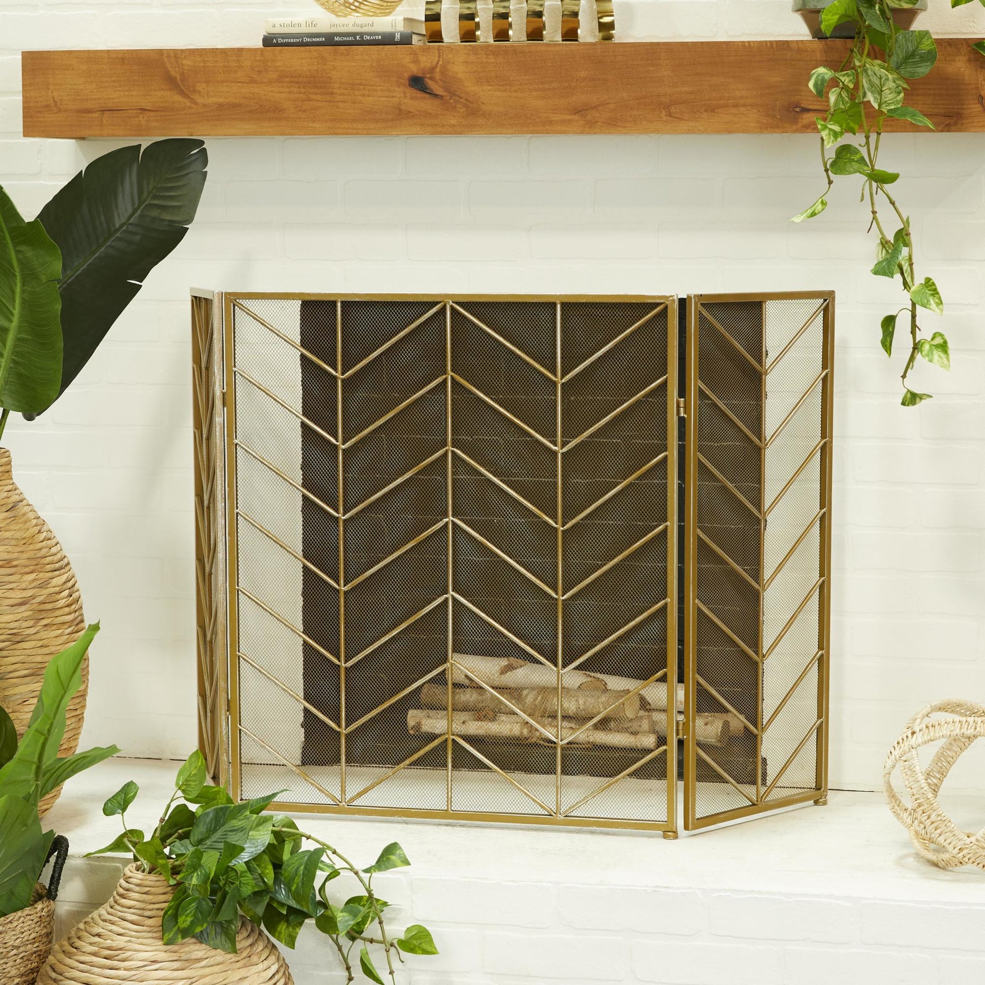 Geometric Metal Foldable Mesh Netting 3 Panel Living Room Fireplace Screen with Chevron Pattern