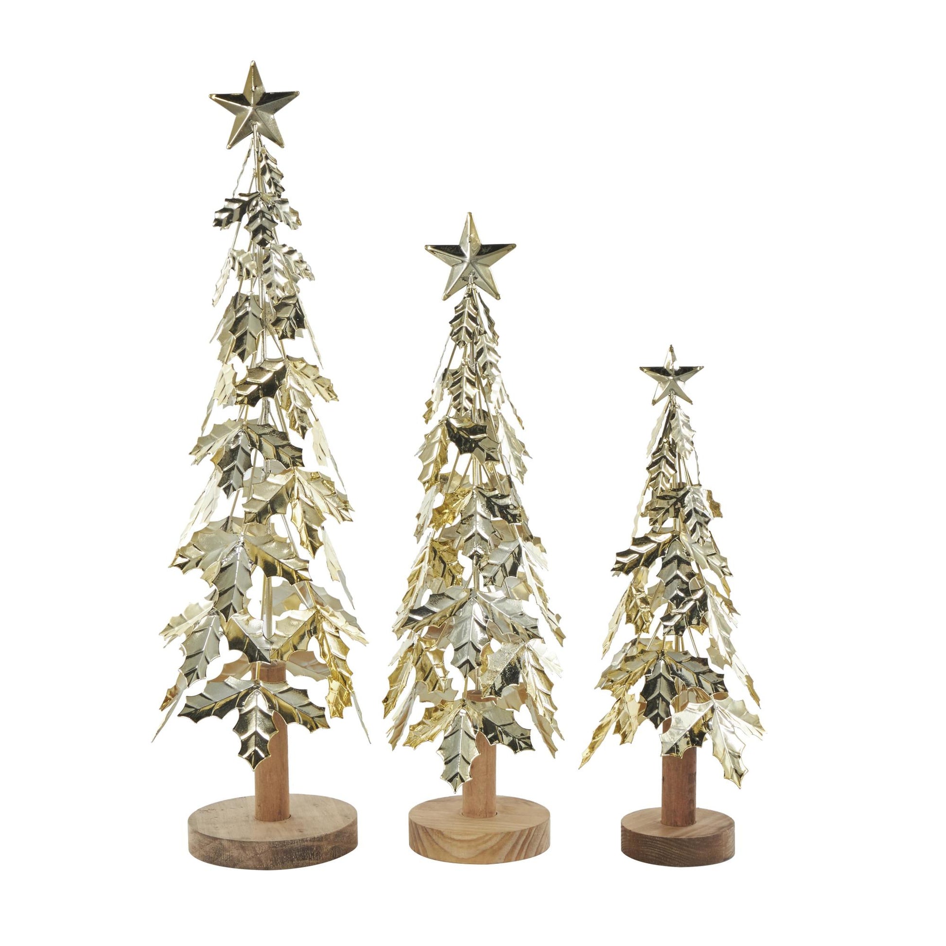 Set of 3 Tree Gold Metal Holiday Layered Decorative Christmas Sculpture with Wooden Base and Star Topper