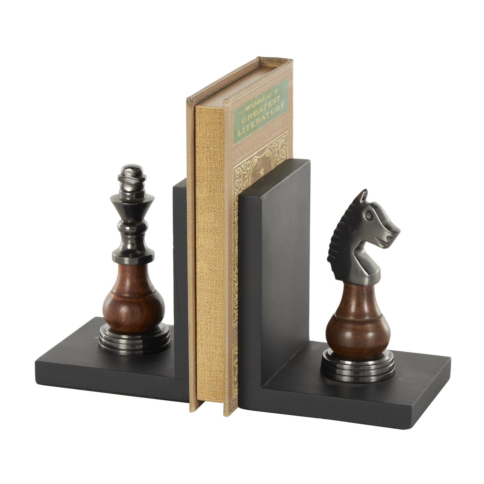 Set of 2 Chess Aluminum Metal Decorative Bookends with Aluminum Accents Set of 2 4"W, 7"H