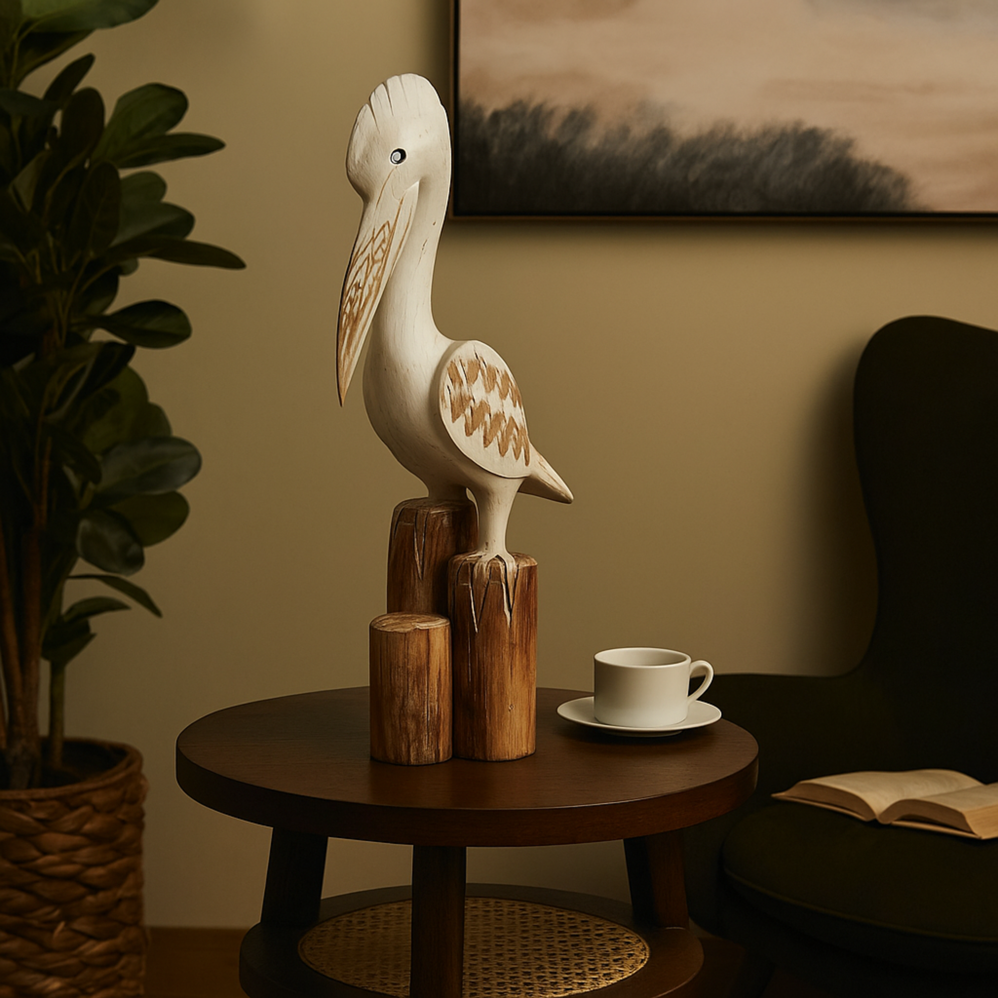 Pelican White Wood Handmade Distressed Decorative Sculpture with 3 Brown Posts