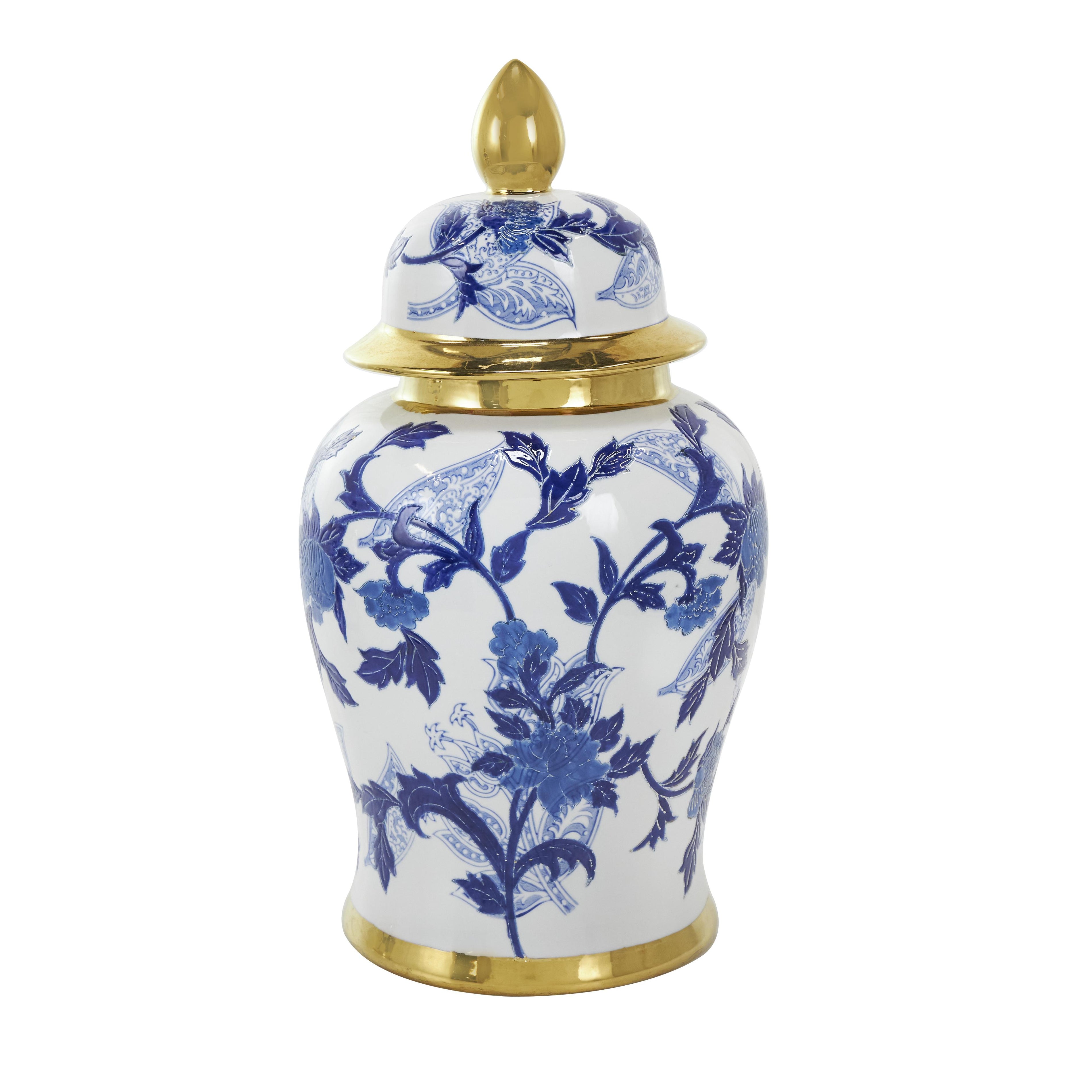 Floral Blue Ceramic Living Room Decorative Jars with Cream and Gold Accents