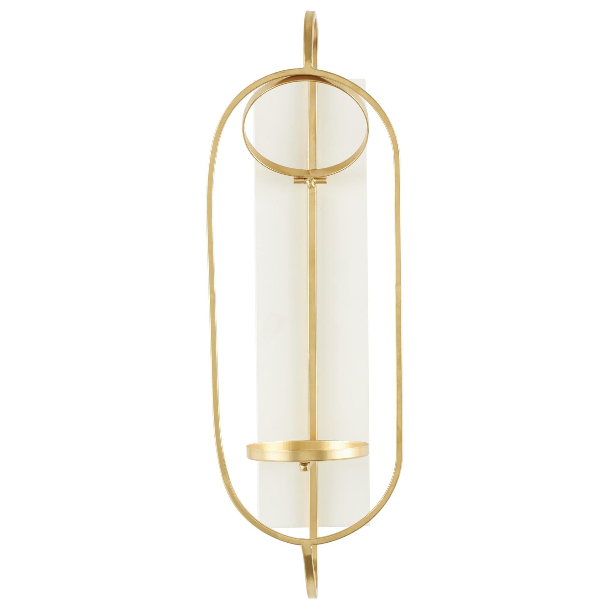 Gold Metal Oval Indoor Outdoor Wall Sconce with White Wood Backing