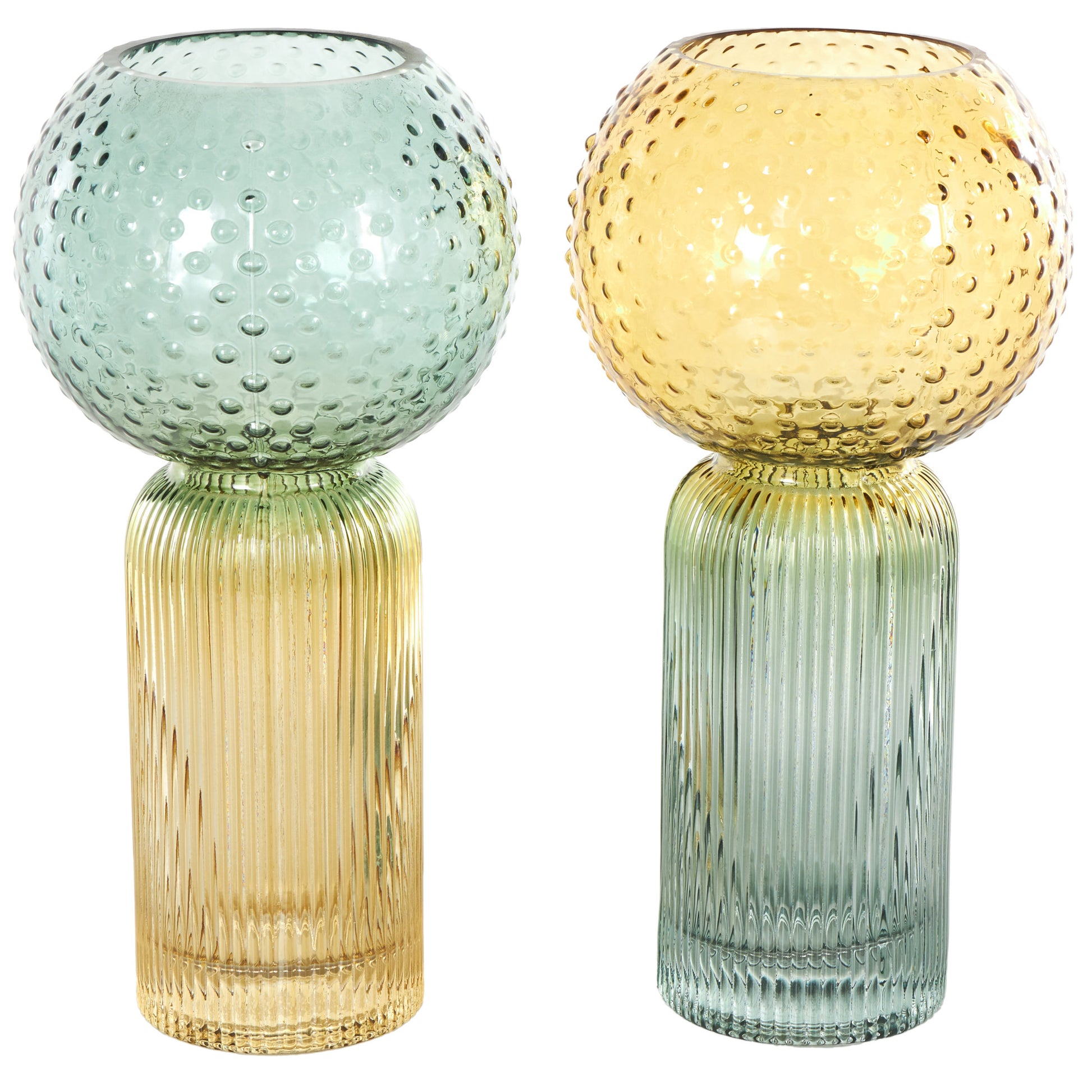 Set of 2 Geometric Multi Colored Glass Ribbed Ombre Decorative Vase