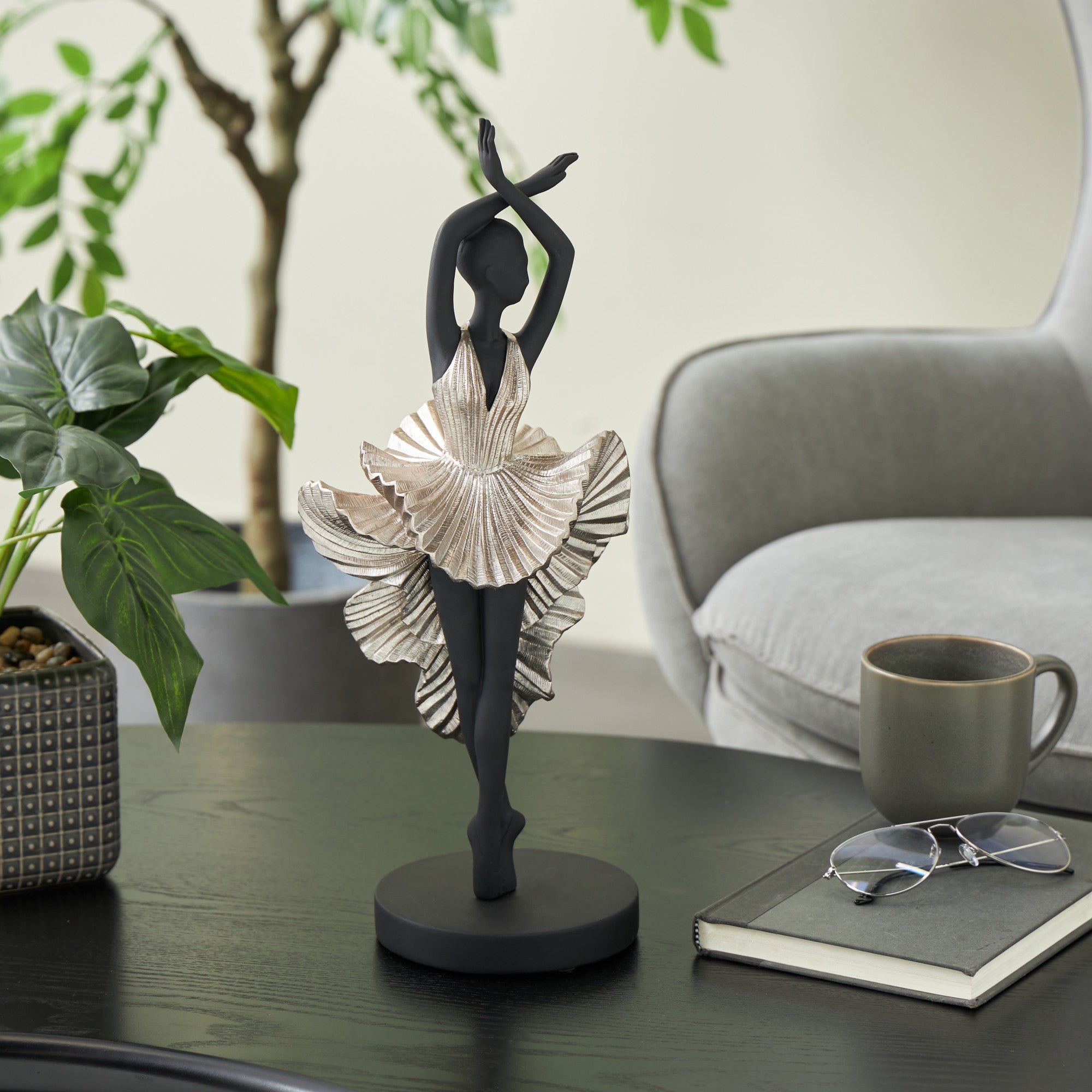 Dancer Black Polyresin Ballerina Decorative Sculpture with Silver Dress