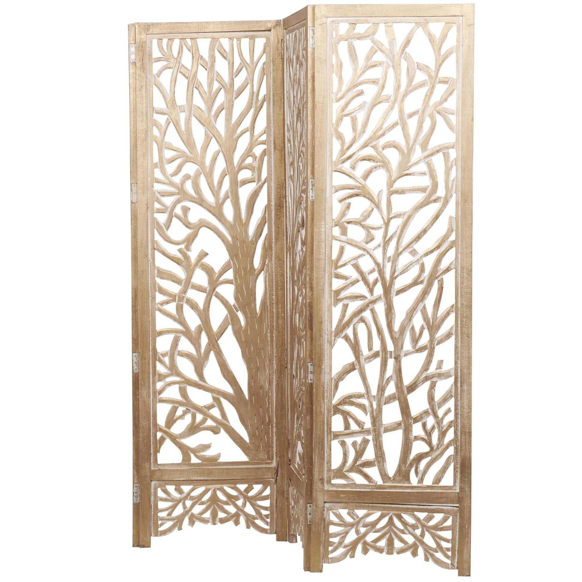 Tree Gold Wooden Hinged Foldable Partition 4 Panel Partition Room Divider Screen with Carved Designs