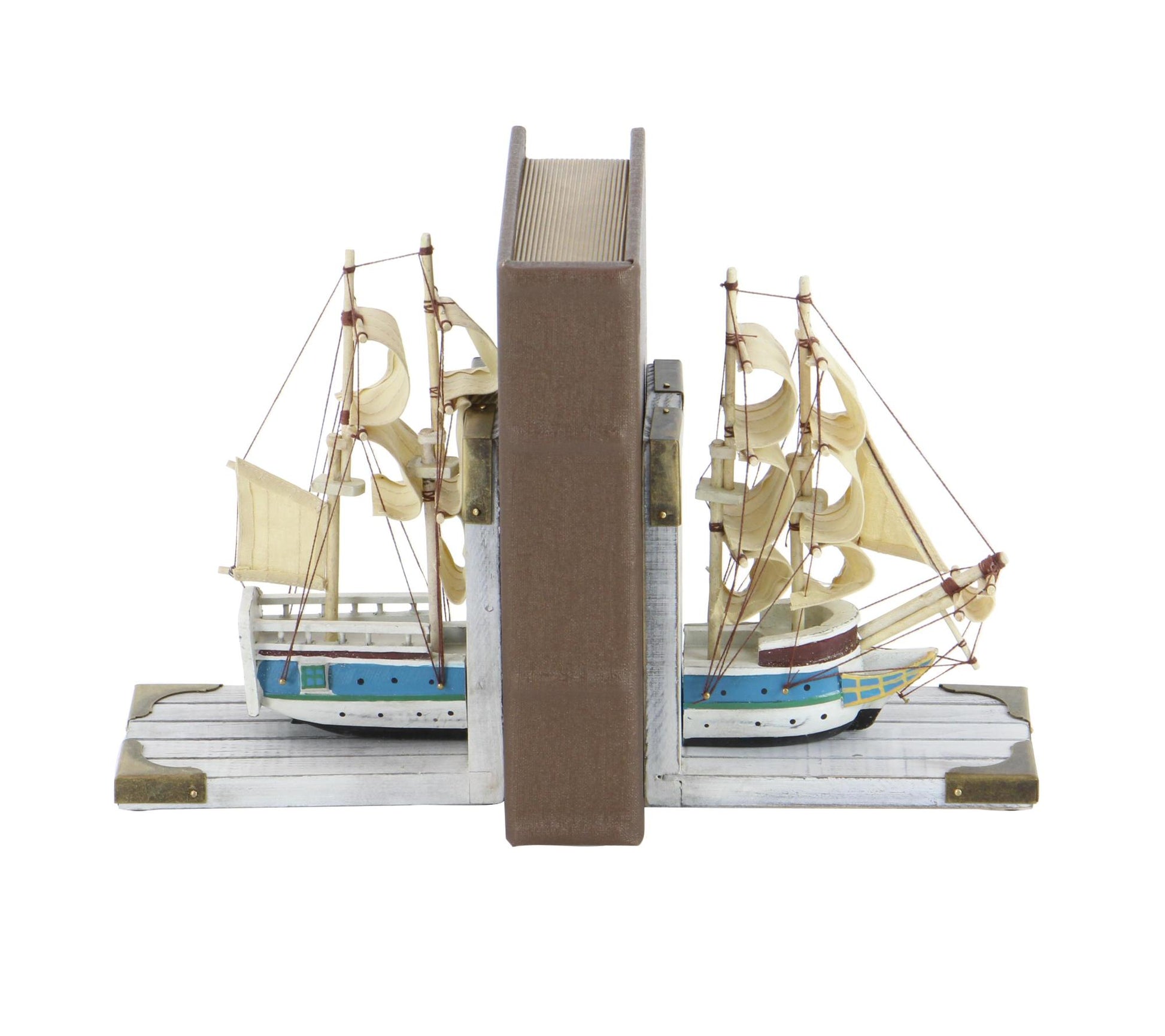 Set of 2 Sail Boat White Wood Decorative Bookends with Real Boat Rigging and Gold Corners