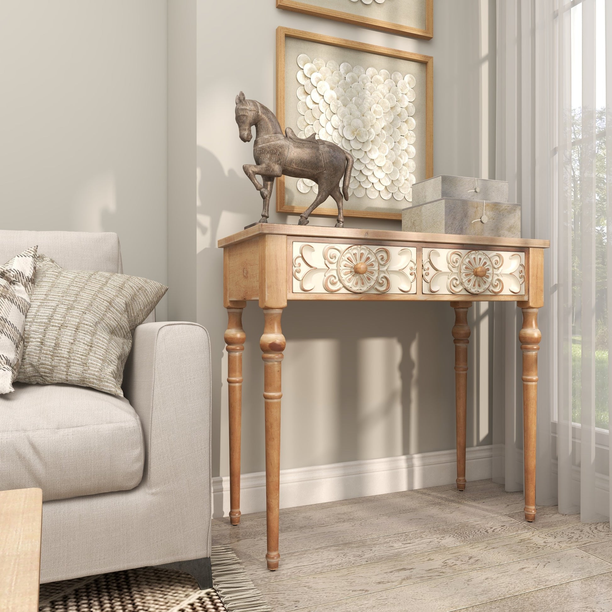 Floral Brown Wood Intricately Carved 2 Drawer Living Room Console Table