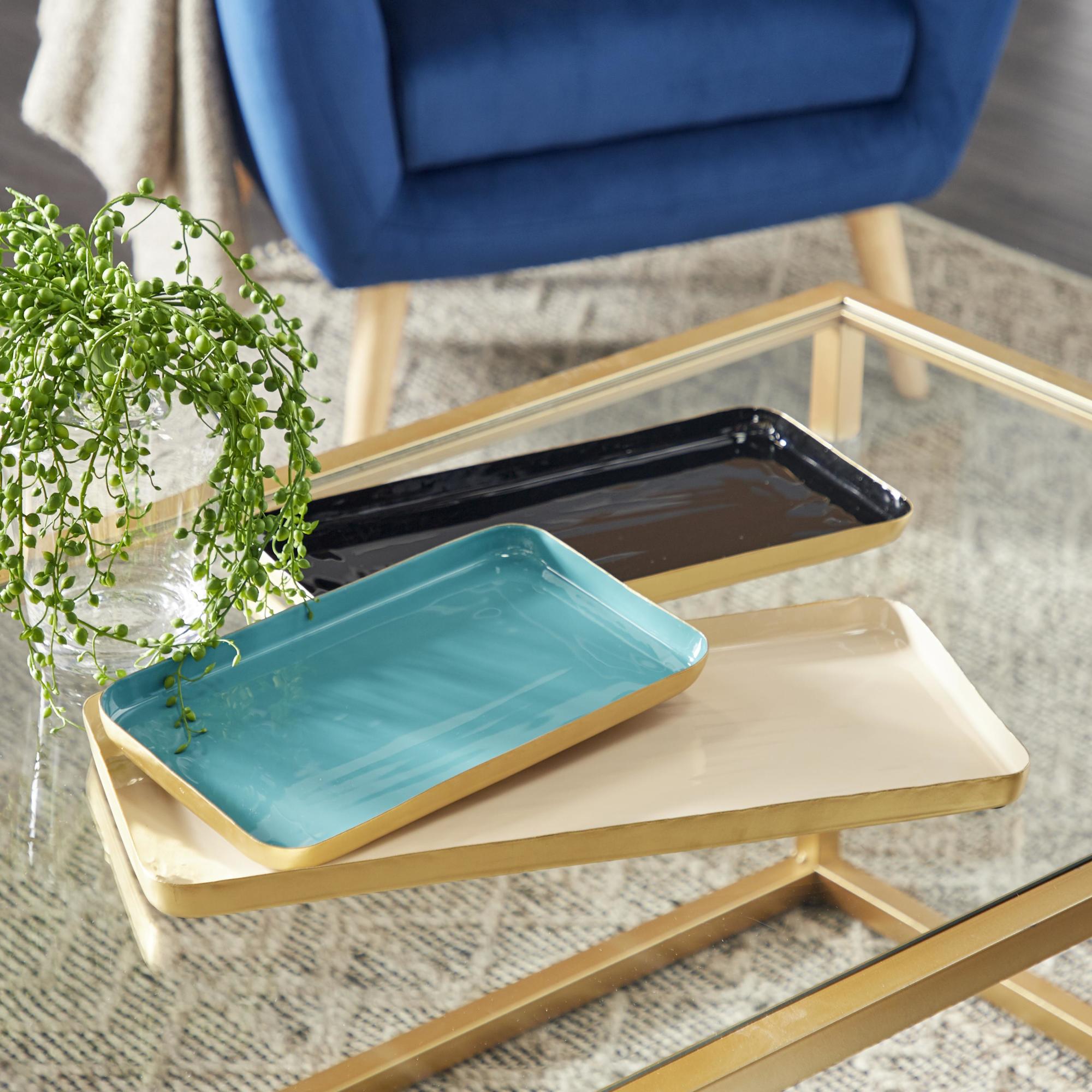 Set of 3 Multi Colored Metal Living Room Decor Tray with Enamel Interior