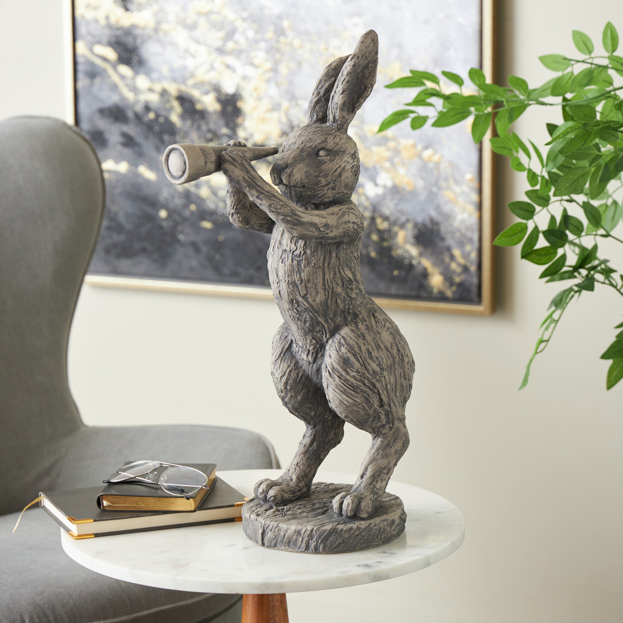 Rabbit Gray Polystone Textured Decorative Sculpture with Telescope