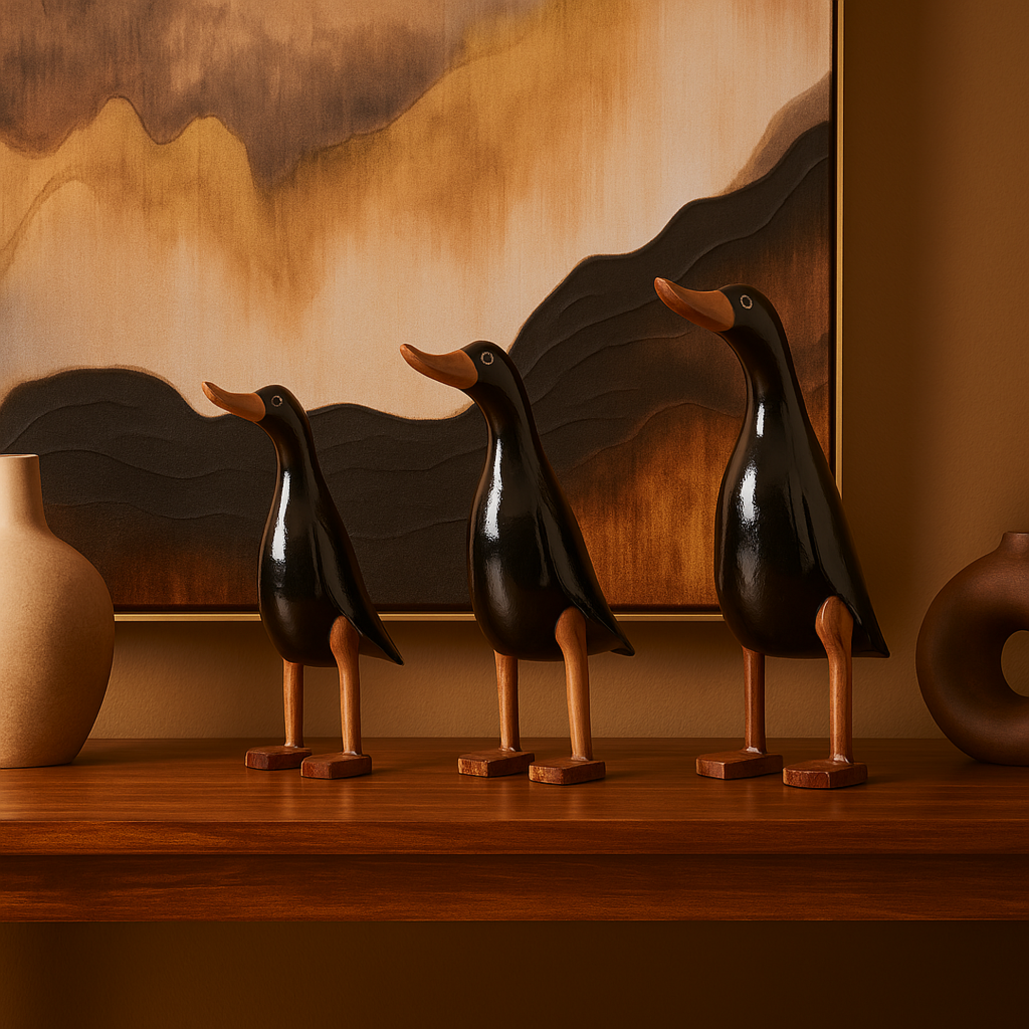 Set of 3 Duck Black Wood Decorative Sculpture with Brown Accents