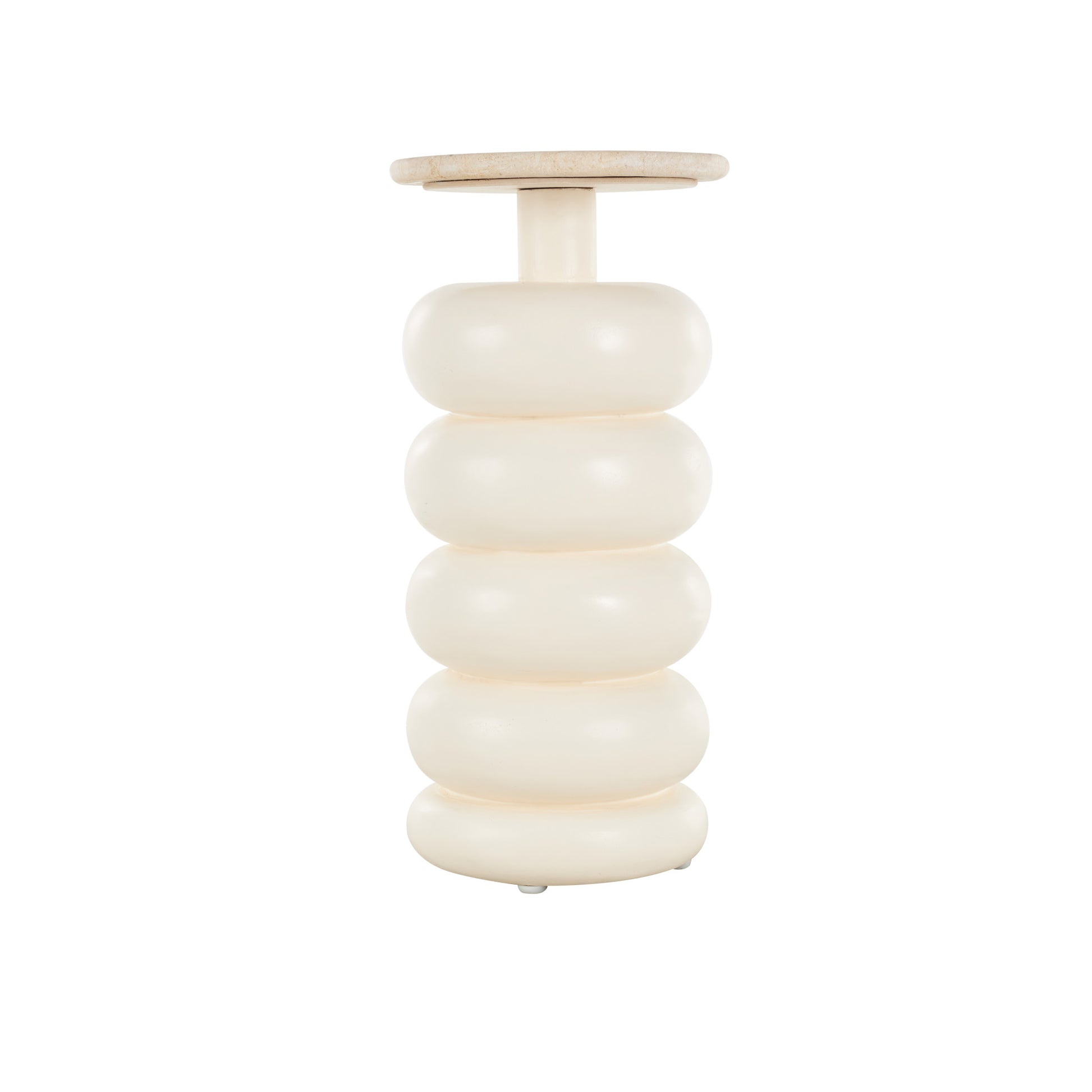 Cream Teak Wood Handmade Carved Bubble Inspired Side End Accent Table with Marble Tabletop