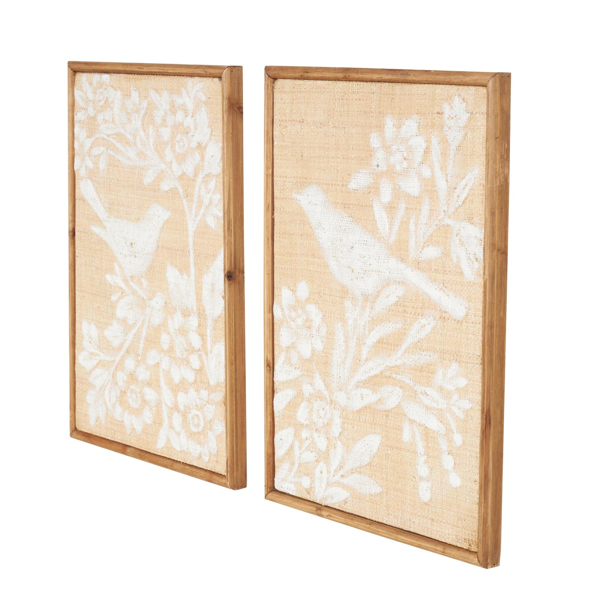 Set of 2 Bird Brown Wood Living Room Framed Wall Art with White Painted Floral Patterns