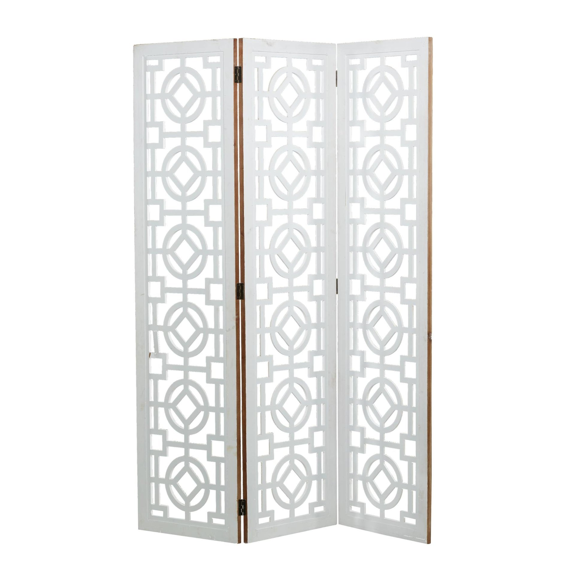 Geometric White Wood Hinged Foldable Partition 3 Panel Partition Room Divider Screen with Carved Designs