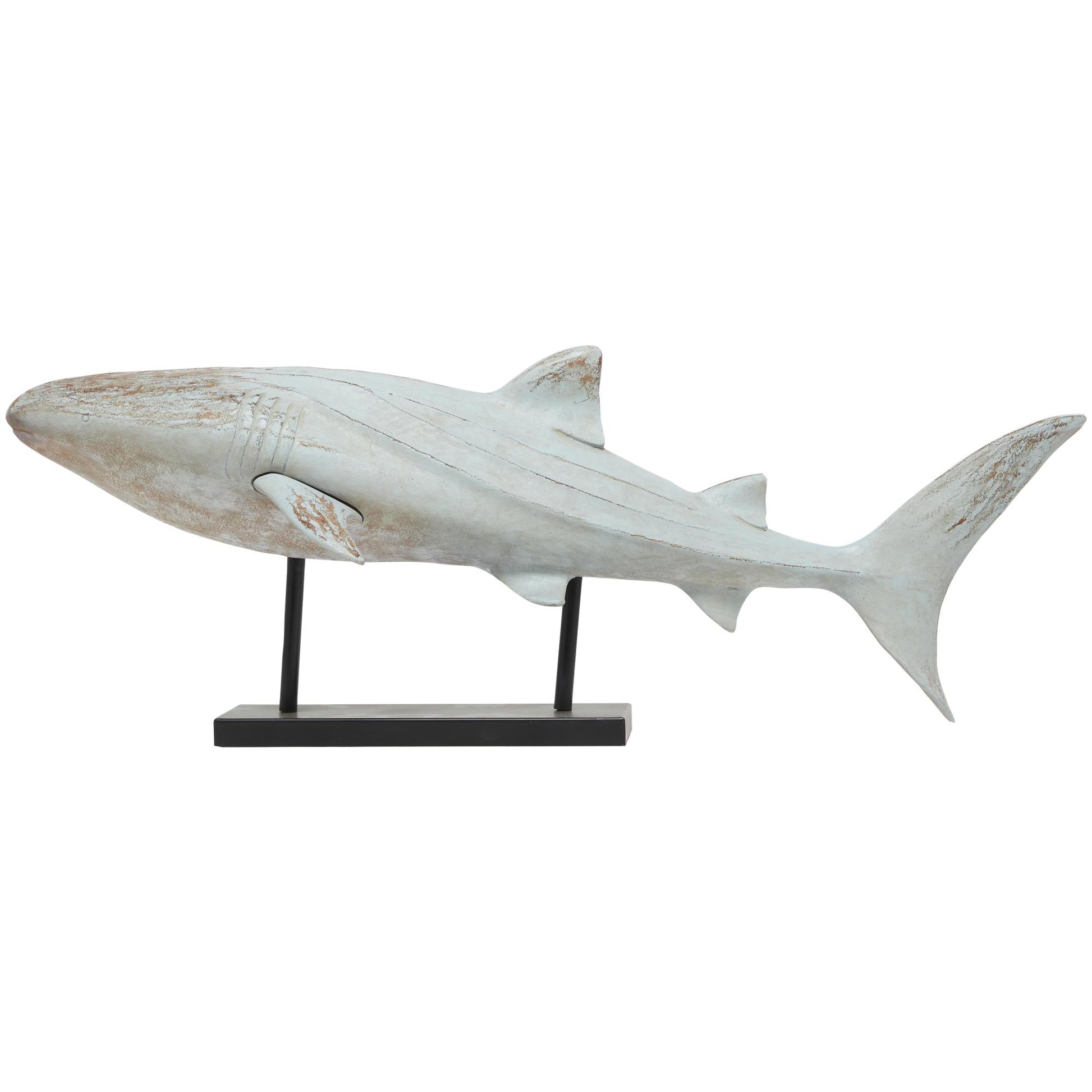Shark Light Blue Polystone Distressed Decorative Sculpture with Brown Wood Inspired Accents and Black Stand