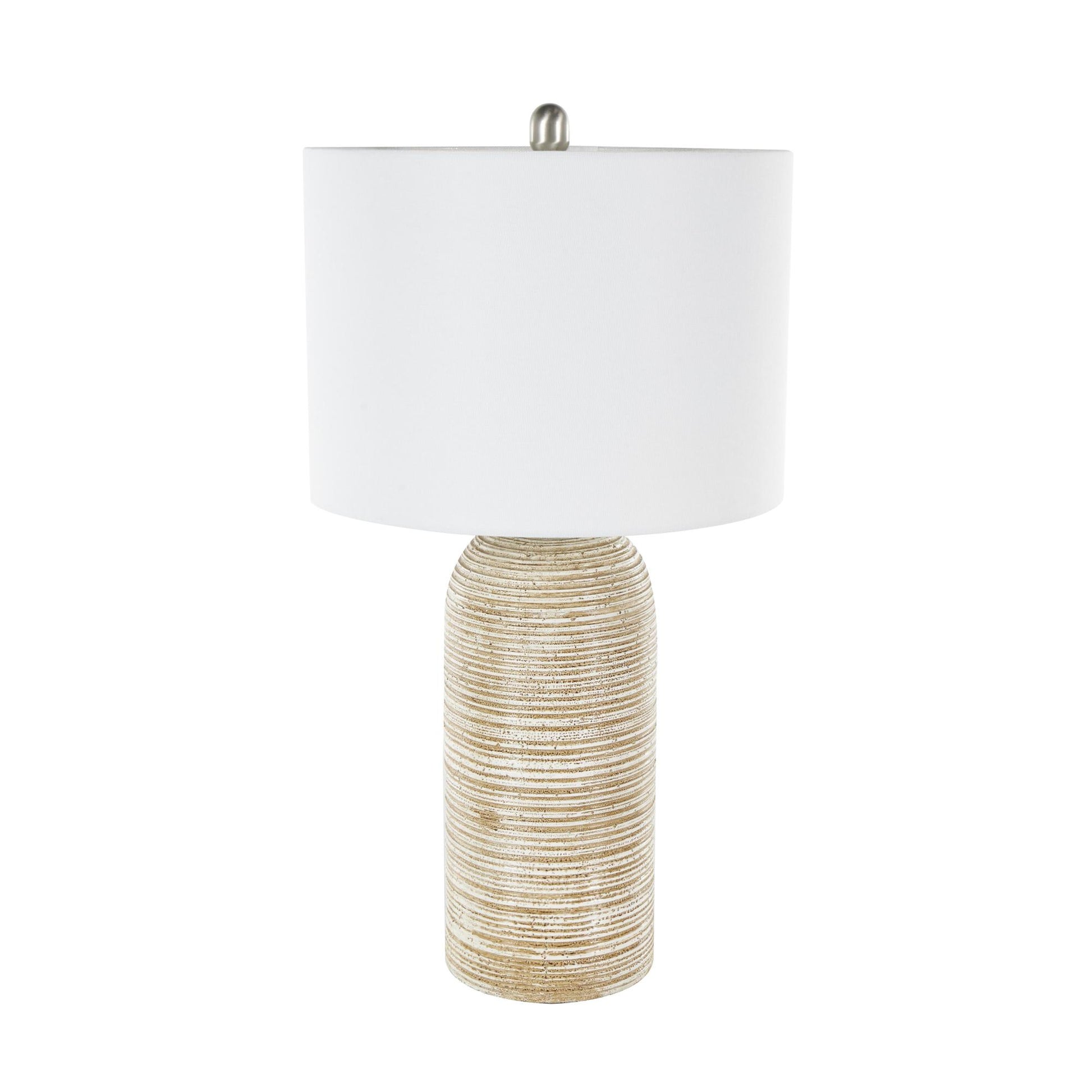 Brown Wood Room Table Lamp with White Drum Shade