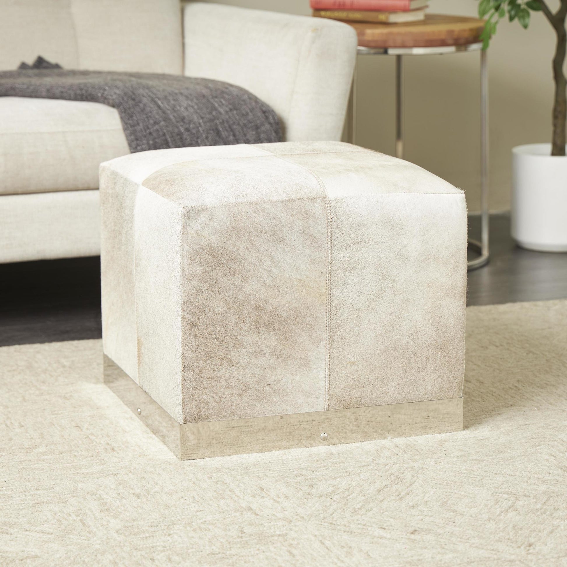 Gray Leather Patchwork Stuffed Pouf with Stainless Steel Base