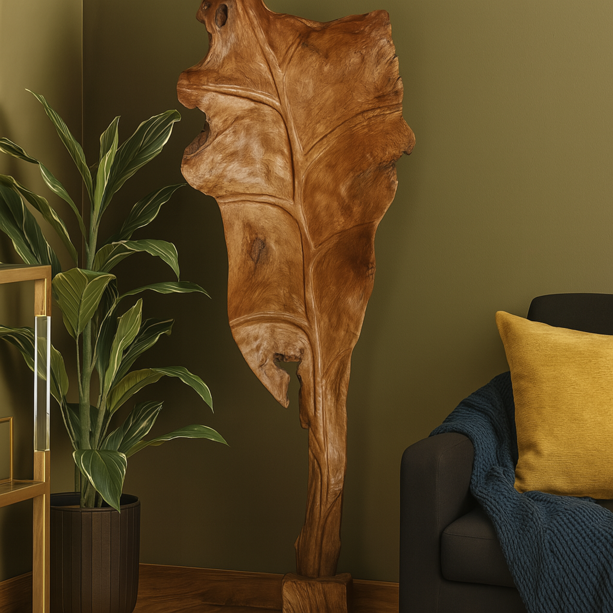 Leaf Brown Teak Wood Handmade Live Edge Decorative Sculpture