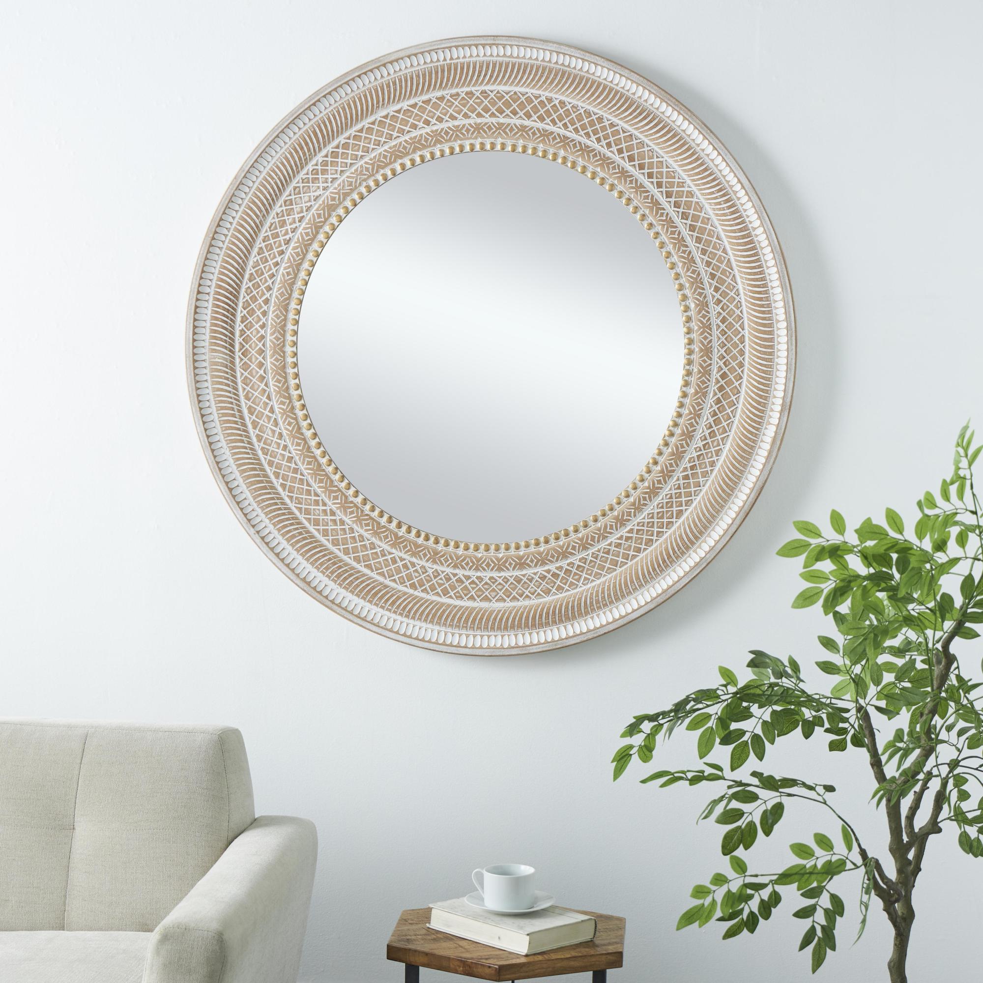 Geometric Brown Wood Handmade Intricately Carved Room Wall Mirror with Bohemian Patterns