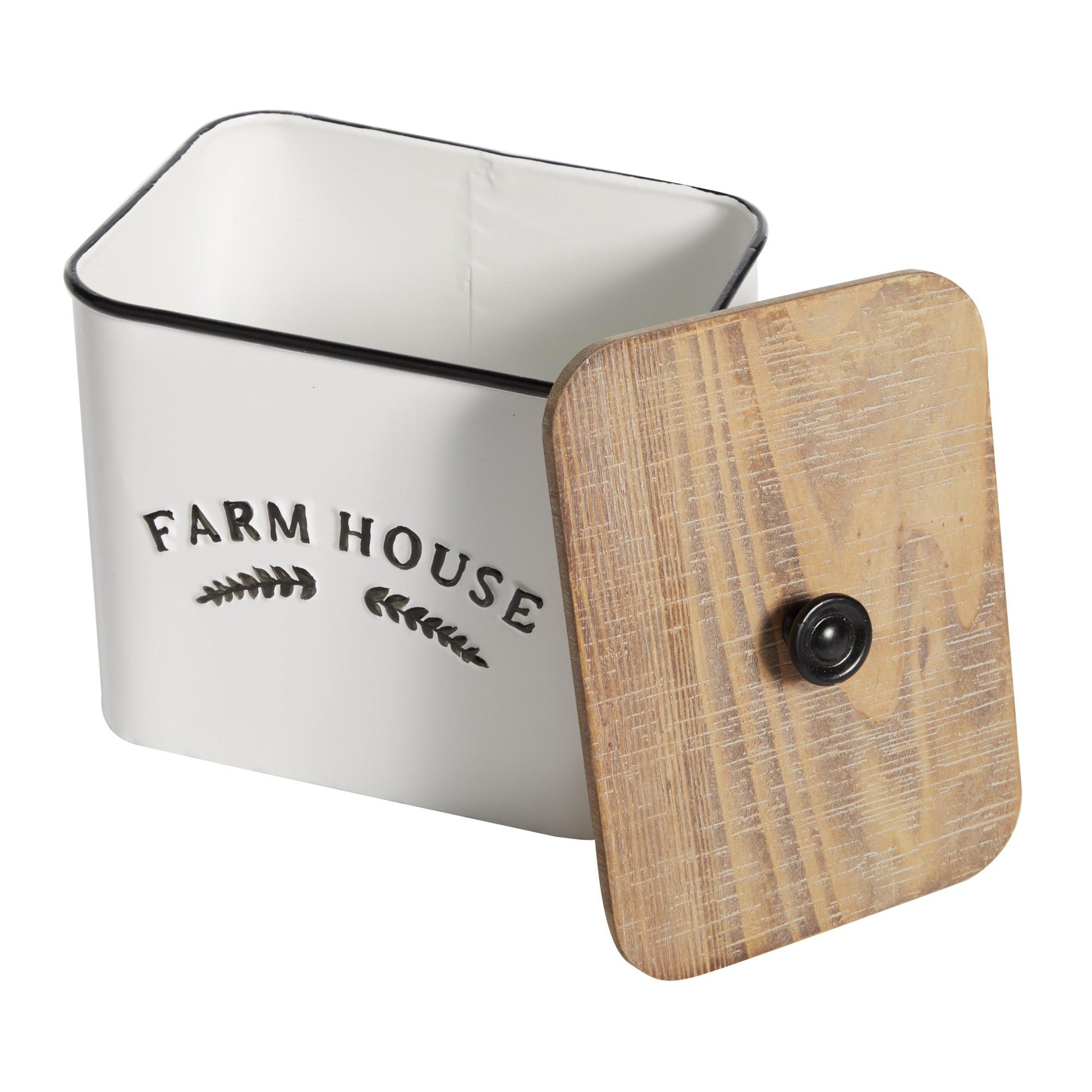 Set of 3 White Metal Farm House Decorative Canisters with Wood Lids and Black Accents