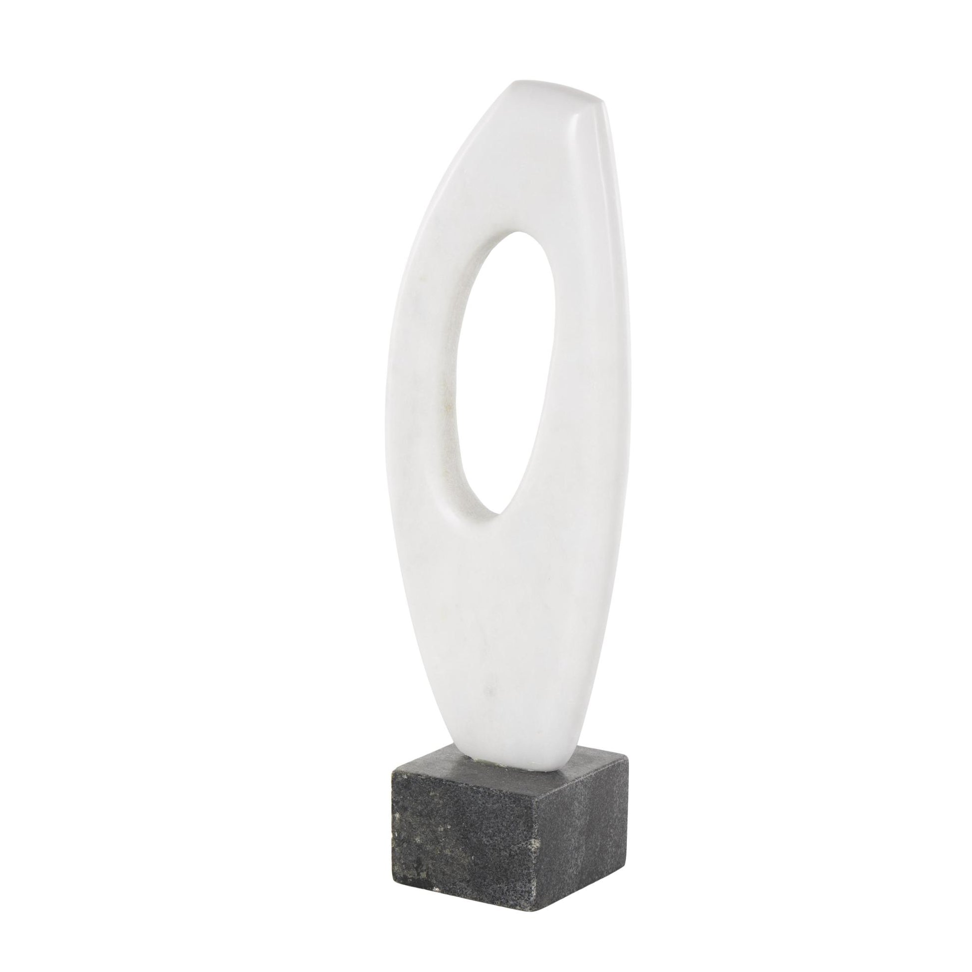 Abstract White Marble Angled Cutout Decorative Sculpture with Black Block Base
