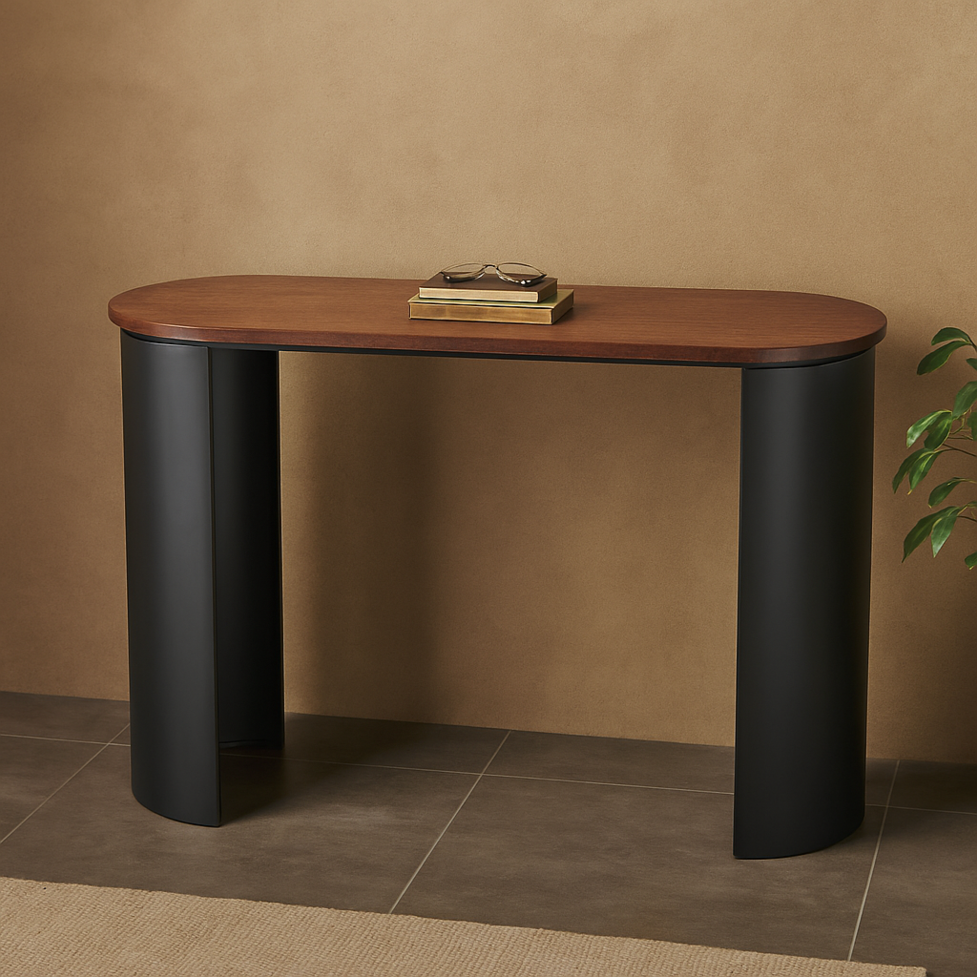 Wood Curved Crescent Living Room Console Table with Brown Wood Oval Tabletop