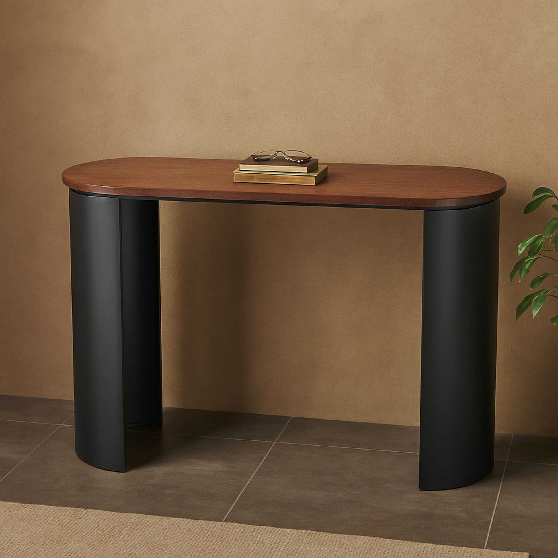 Wood Curved Crescent Living Room Console Table with Brown Wood Oval Tabletop