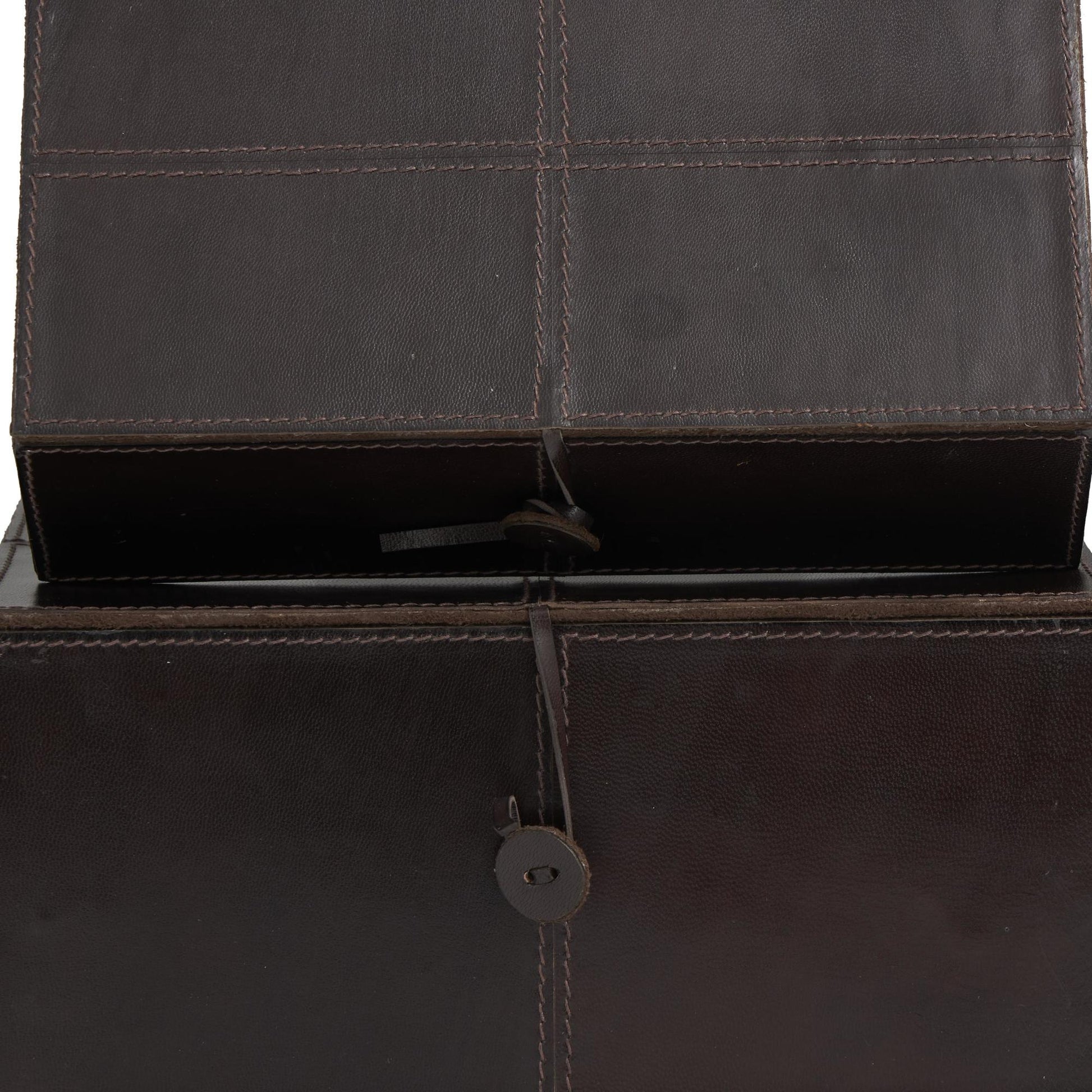 Set of 2 Leather Handmade Cowhide Storage Decorative Box with Leather Loop Closure and Stitching Detail