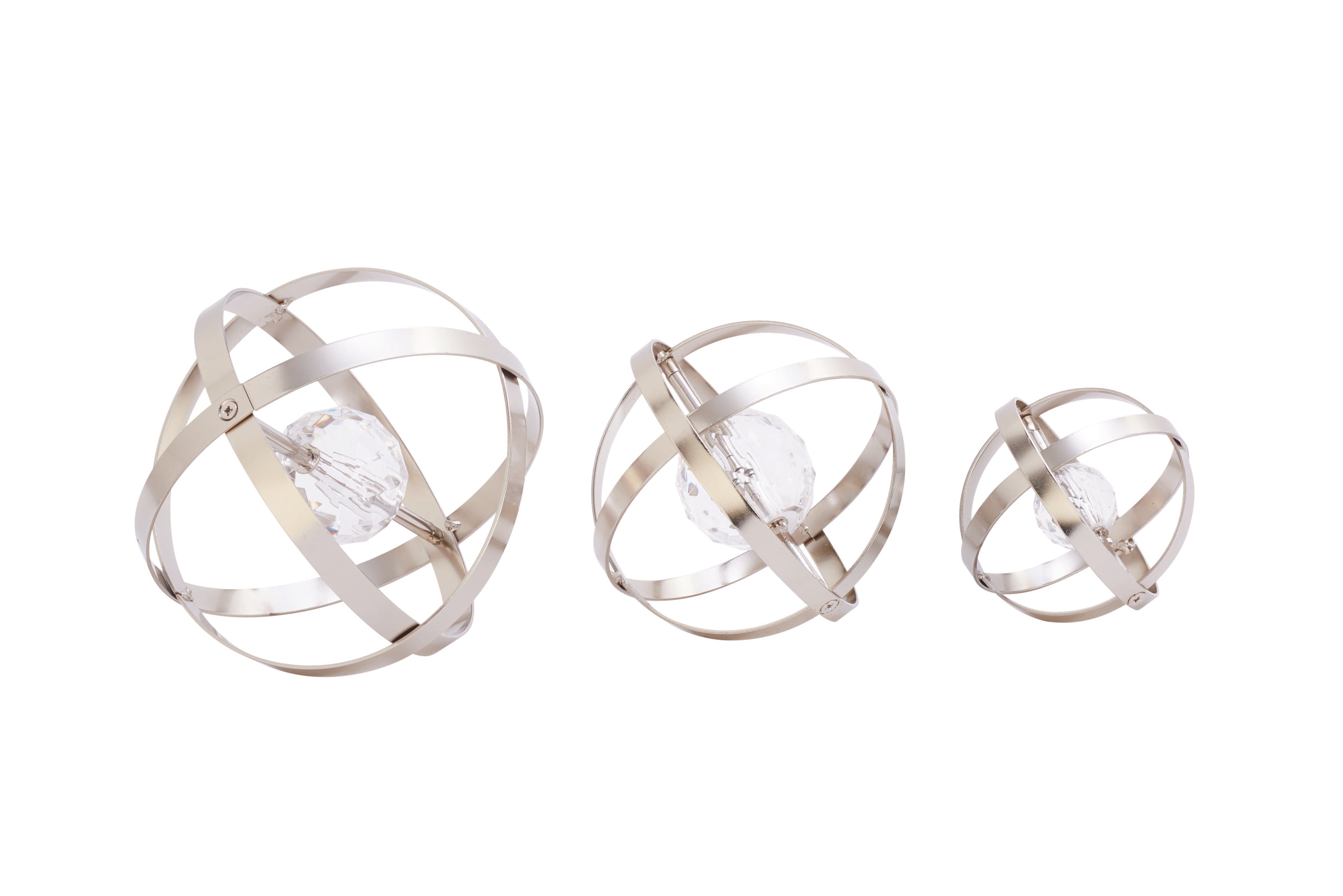 Set of 3 Geometric Metal Orb Decorative Sculpture with Acrylic Center