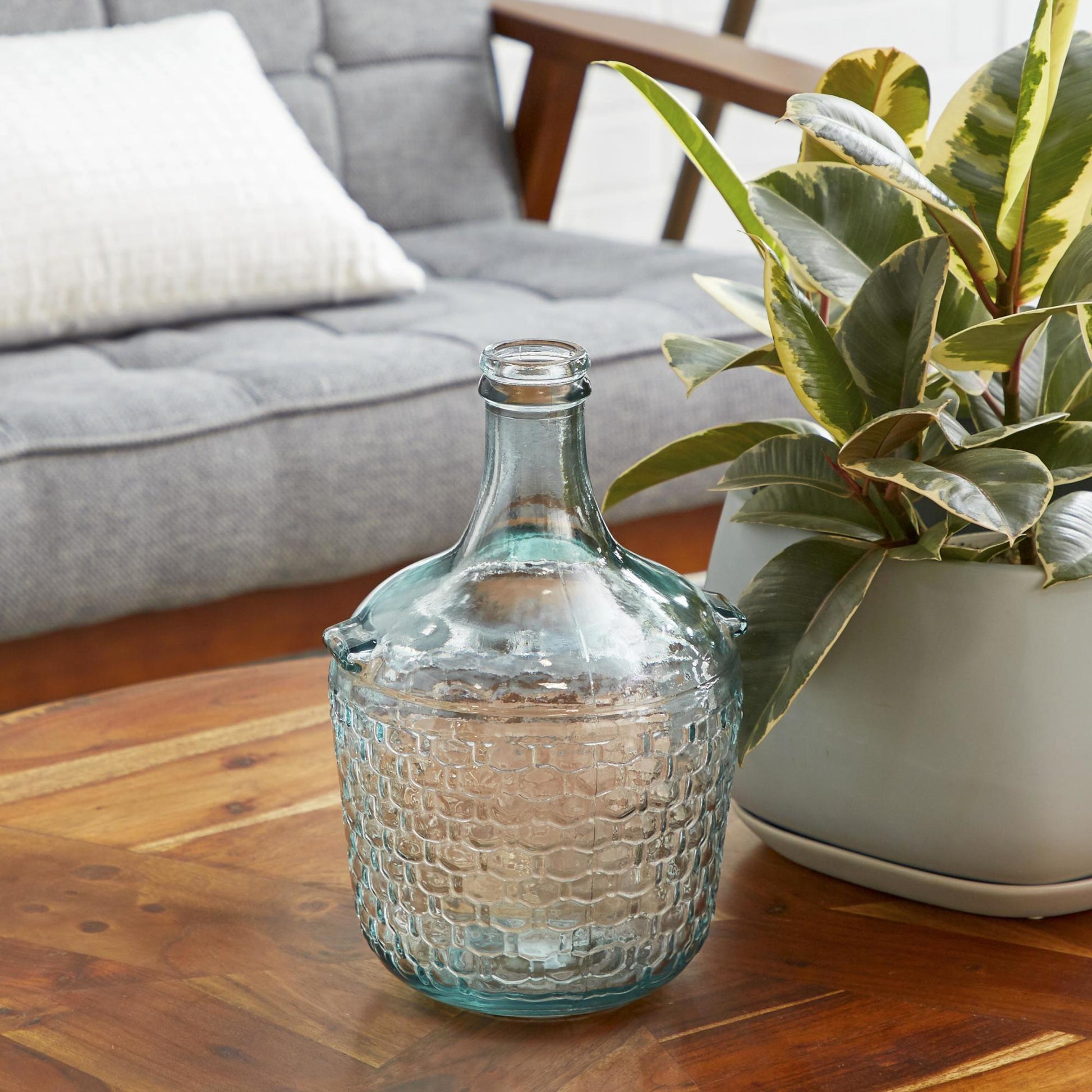 Teal Recycled Glass Handmade Spanish Bottle Neck Decorative Vase with Hexagon Bubble Texture