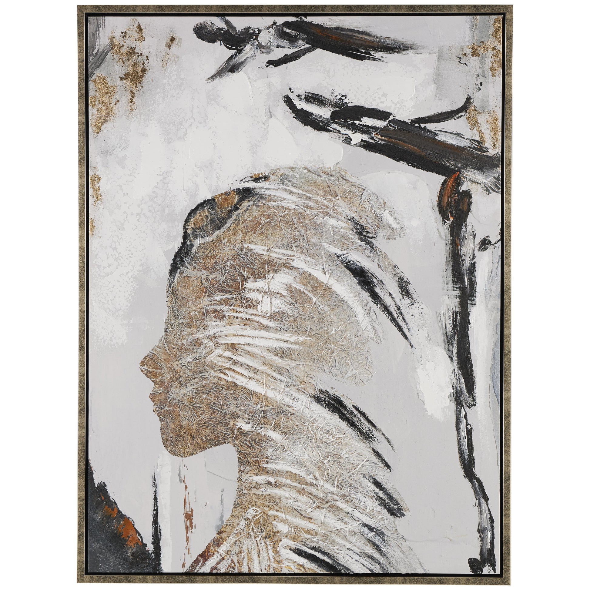 Abstract Brown Canvas Women's Profile Living Room Framed Wall Art with Gold Foil Details and Black Accents
