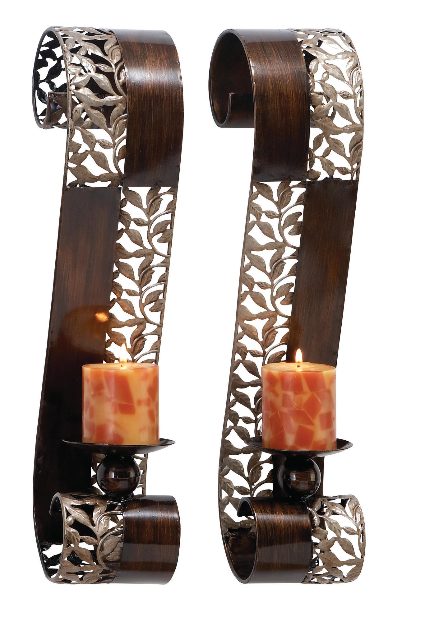 Set of 2 Leaf Brown Metal Cutout Indoor Outdoor Wall Sconce with Scrolled Edges