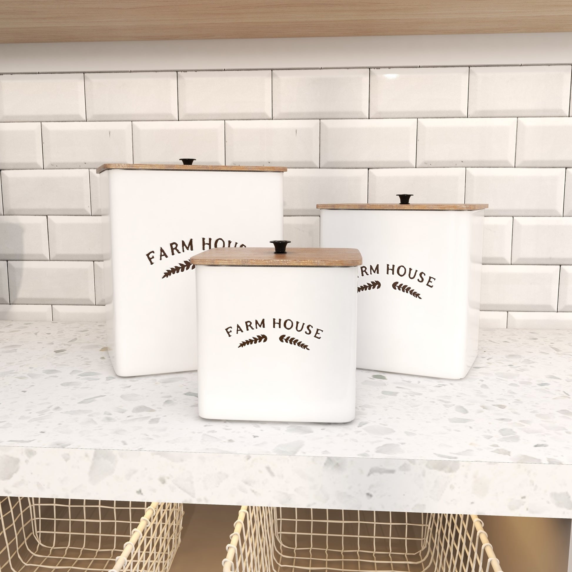 Set of 3 White Metal Farm House Decorative Canisters with Wood Lids and Black Accents
