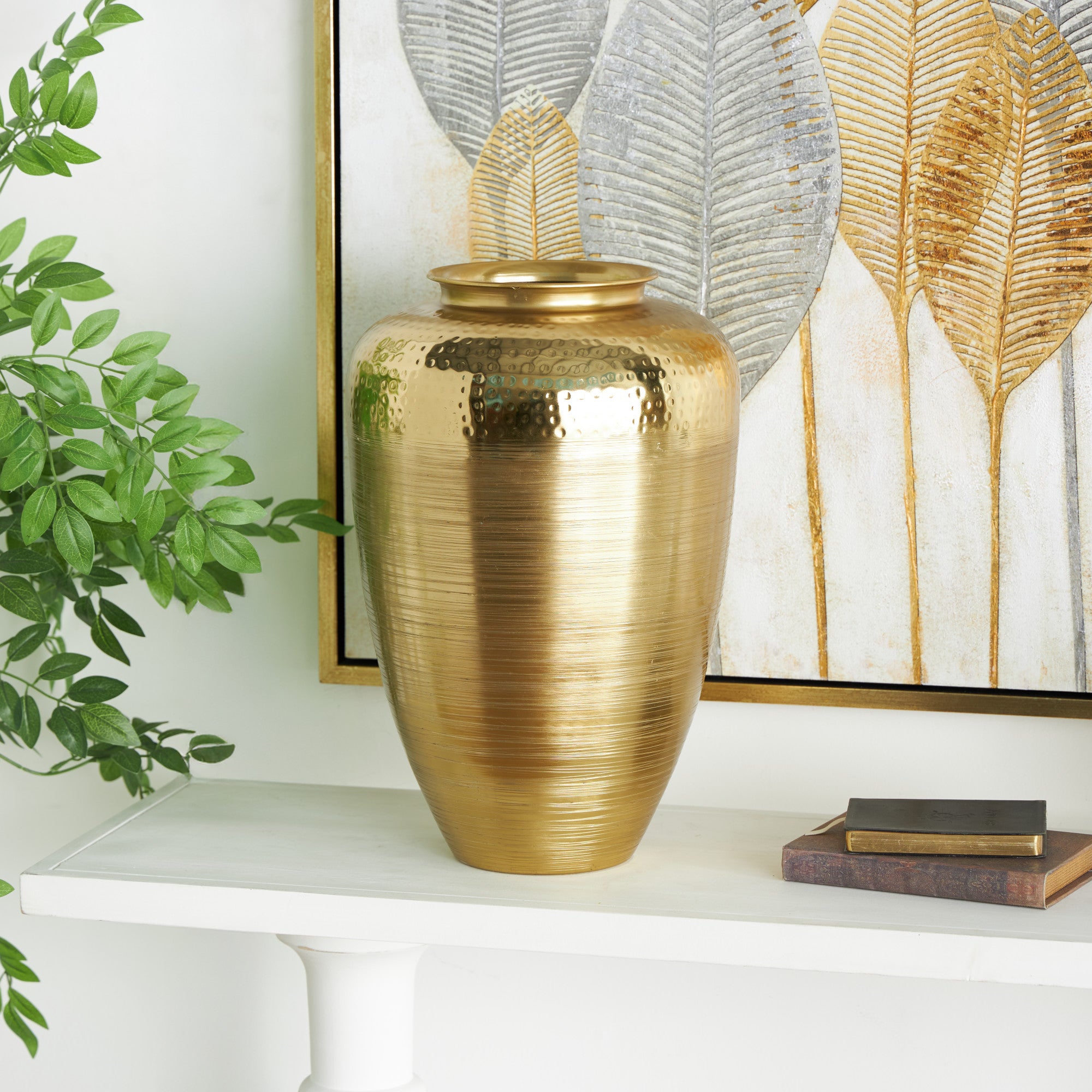 Gold Aluminum Metal Brushed Decorative Vase with Hammered Top