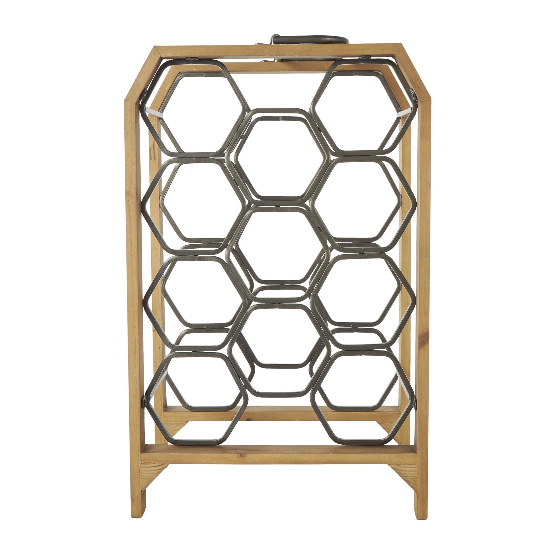 Brown Wood Tall Wine Rack with Gray Metal Curved Teardrop Holders